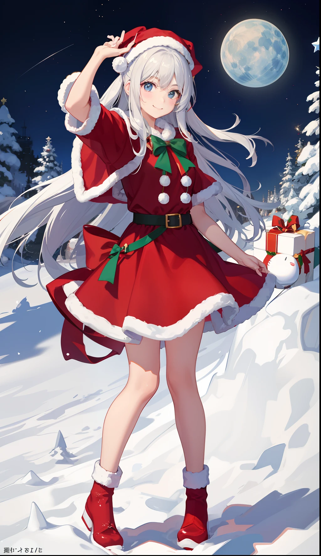 "anime girl, 1 person, bright blonde hair, glasses, crown on head, santa shirt, santa suit, winter suit, winter dress, red dress, big breasts, stockings, standing cross legs, snowfall, christmas gift box, christmas, solo, (full HD 4K+ image)"