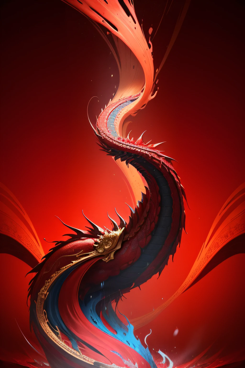 Blood red background,Blue stretching mountains,National style elements,atmospurate,flowing blood-red colored silk, swirling red-colored silk fabric, Golden,There is a golden dragon, chains and red fluid background, red liquid,Background wall