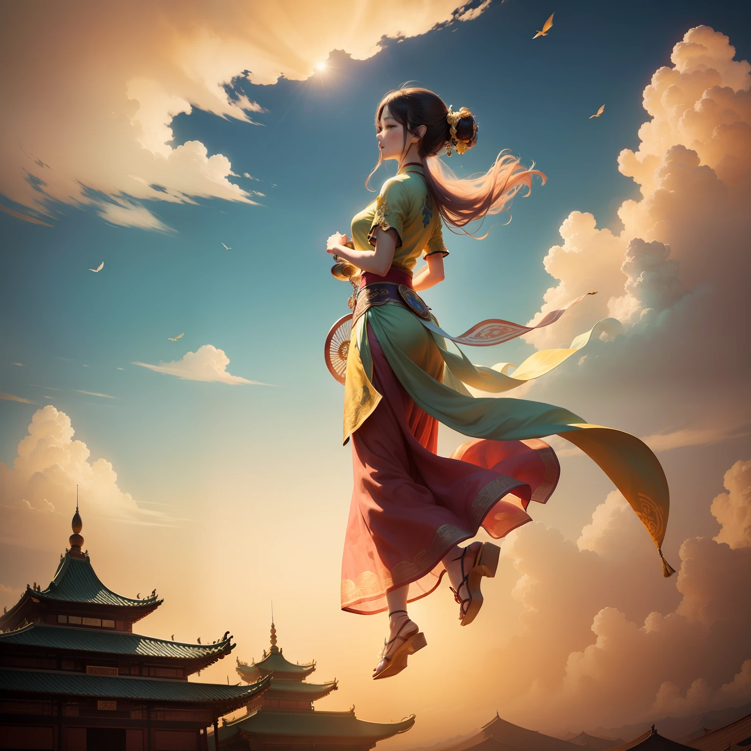 Background of dreamy colors,Clouds float,The flying girl in Dunhuang holds a guzheng,Flowing costumes,The palace in the clouds shines with golden light。
