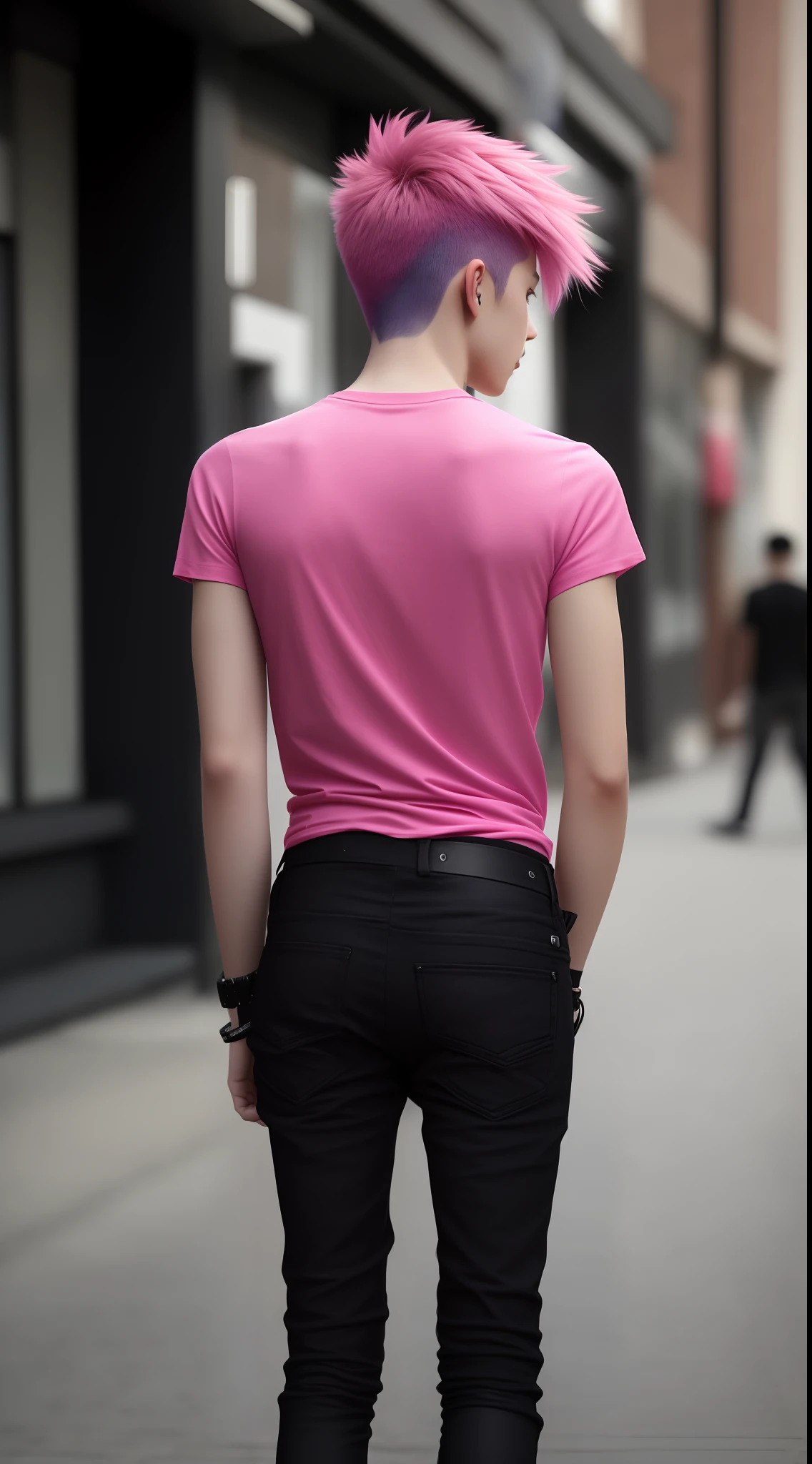 There are boys with pink hair and black leggings on the sidewalk, thin young male, wearing pants and a t-shirt, androgynous person, close up to a skinny, wearing a tshirt,, wearing tight shirt, Wearing a black T-shirt, Pink shirt, with his back turned, Male teenager, wearing a black t-shirt