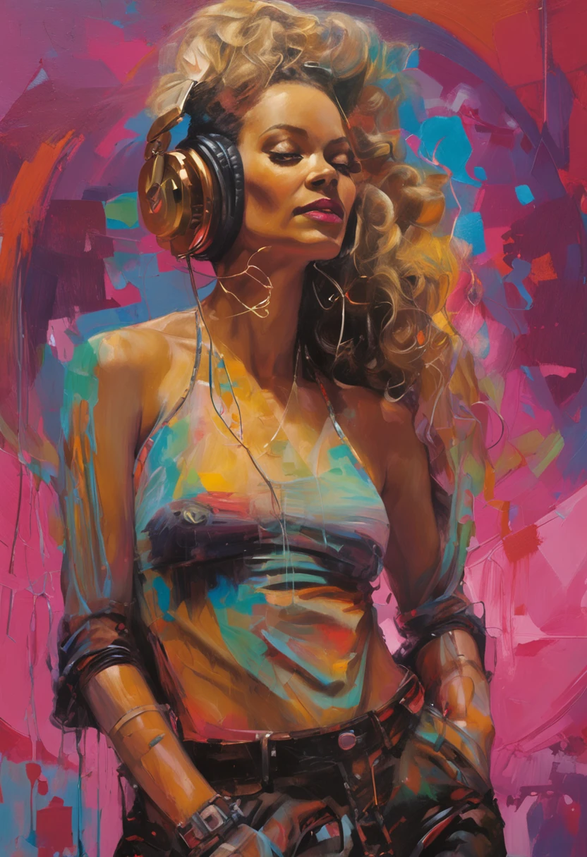 A young female DJ wears a vinyl record player on a sci-fi DJ table，（The upper part of the body：1.5）, In a lively discotheque，Look at the crowd，Cybernetics enhances the highly detailed futurists on the stage table，She wears futuristic clothing and double-sided hearing headphones，She wears a Rosotto hat on her head，Laugh excitedly，dynamic viewing angle，