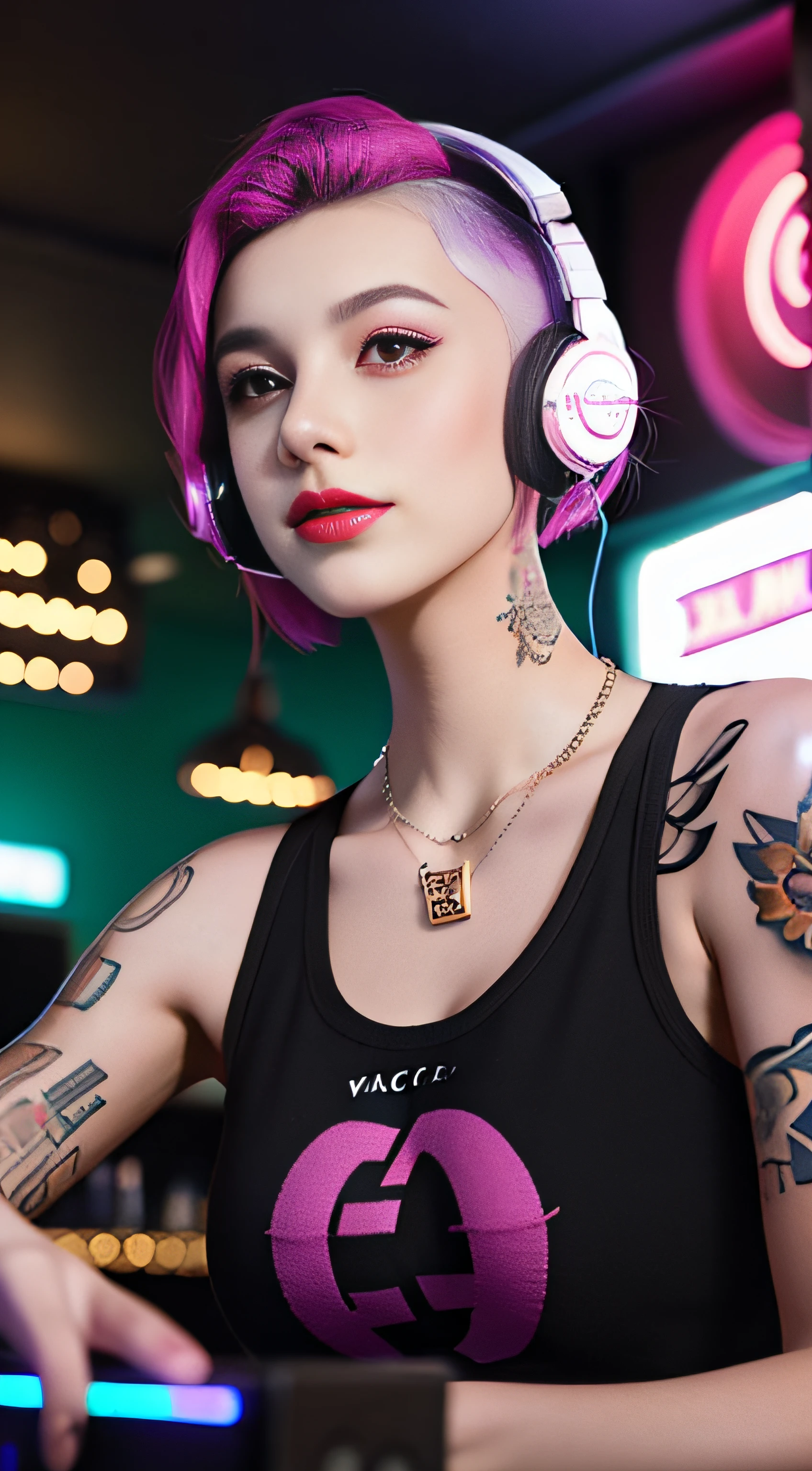 Best quality, Masterpiece, Ultra High resolution, native photo, Professional, photography, color photography, 1 girl, disco bar, girl with headphones, Djing in bar, upper body, female DJ, Looking at the crowd, DJ, DJ machine, DJ machine, Stage lights, (buzz cut:1.1), (Tattoo :1.1), Happy, dynamic, Gucci, Versace, cool, necklace, view