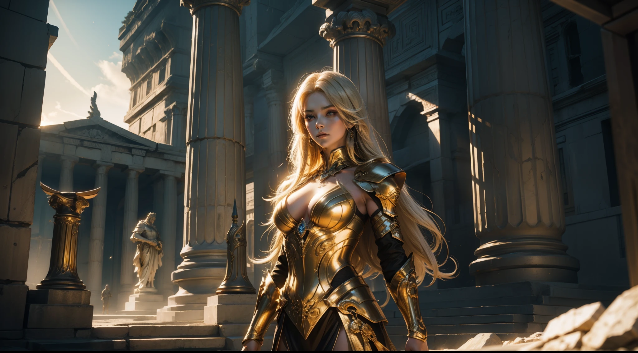((best qualtiy)), ((tmasterpiece)), ((Realistis)), (A detailed), (realisticlying:1.5),illusory engine, (High detail: 1.9),(femele:1.4),(big breasts beautiful: 1.4),(carismatic:1.3), (Large breasts), beuaty girl,Exquisite armor,beauitful face, looking at viewert, dynamicposes, In the background is a Greek temple,starrysky,hdr, Ray traching, NVIDIA RTX, Hyper-Resolution, Unreal 5, sub surface scattering, PBR textures, Post-processing, Anisotropic filtering, depth of fields, Maximum clarity and sharpness, trichotomy,8K original,(Luminous Particle:1.4),(VerydetailedCG,Unity 8k壁纸,cinmatic lighting,lens flare glow),Reflectors,Sharp focus,