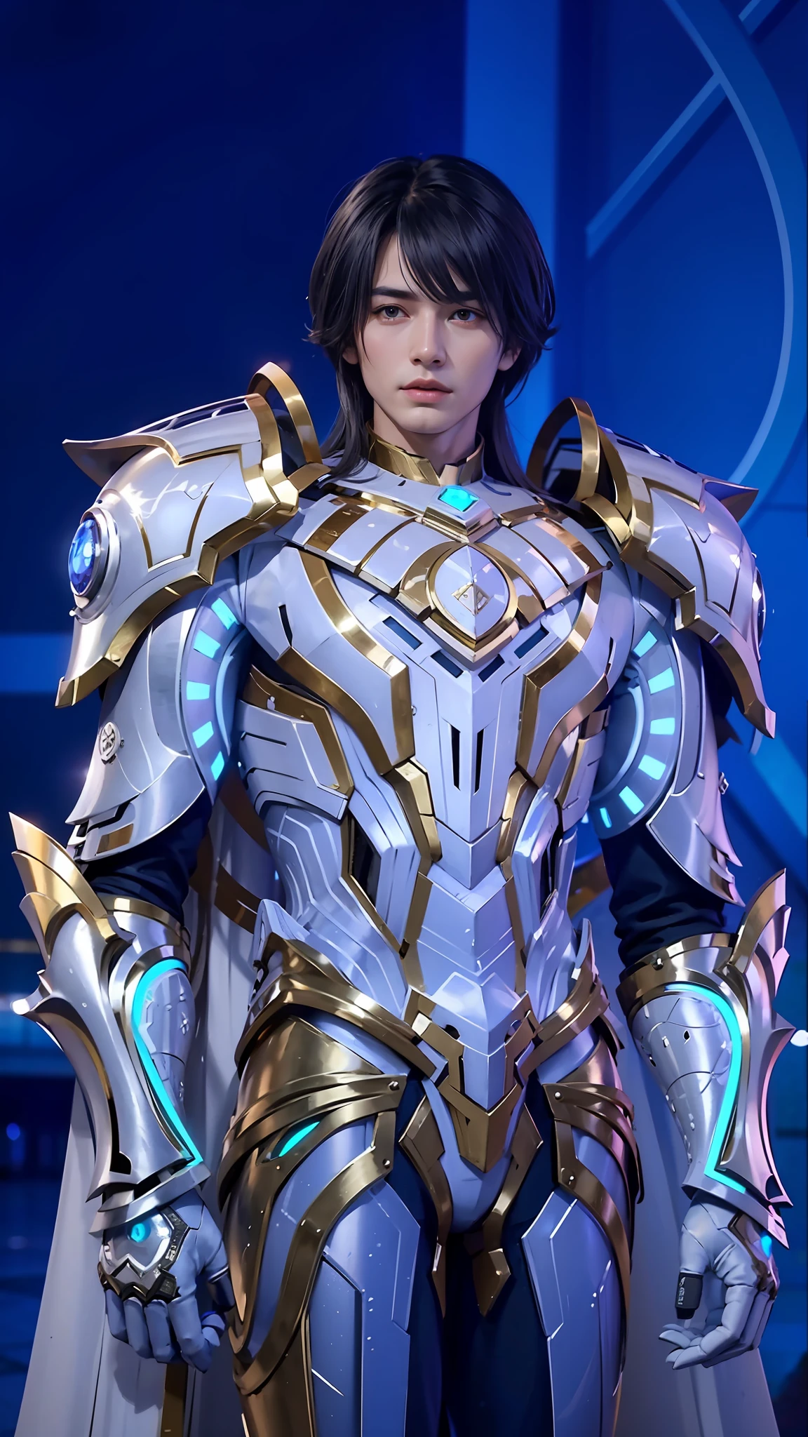 handsome man, long hair, best quality, photo, 4k,looking at viewer,full body,wear platinum armor,