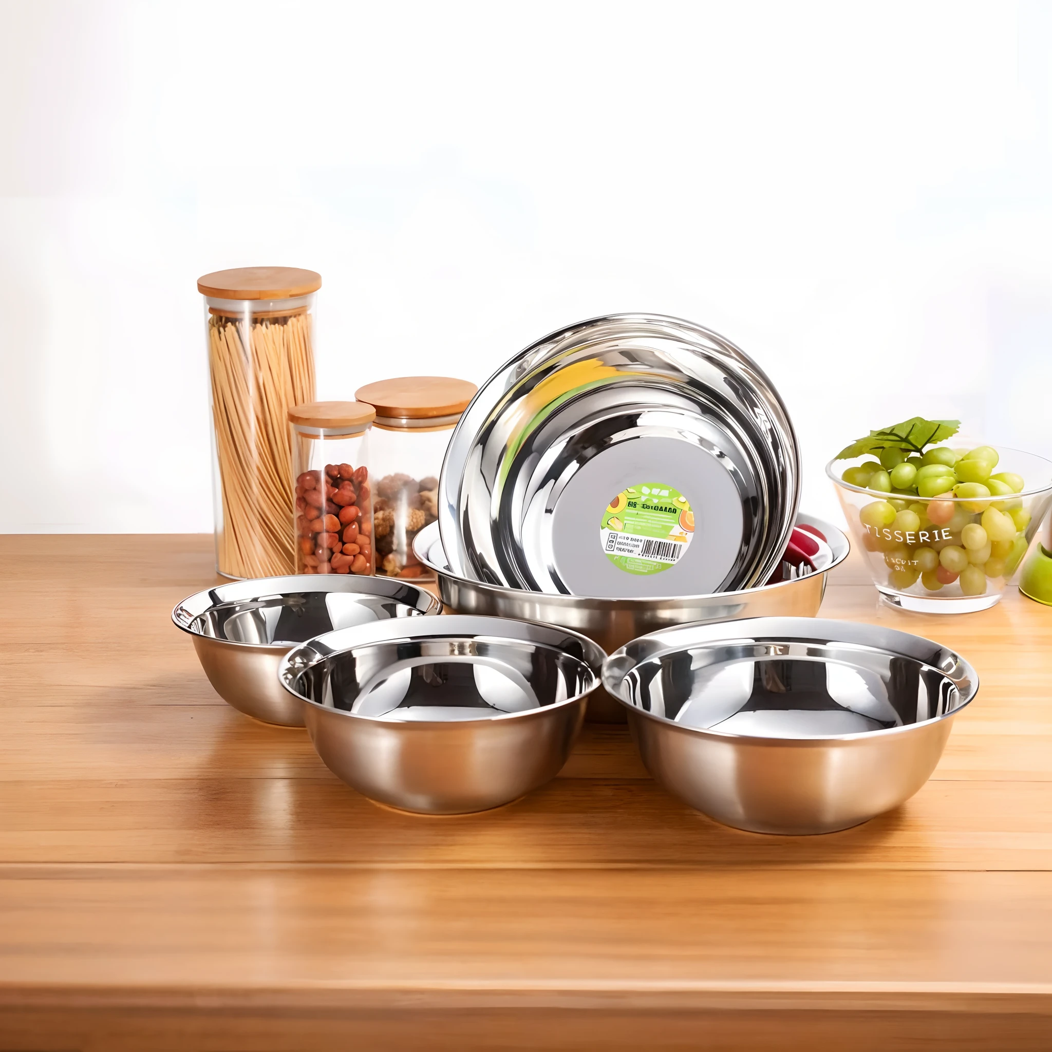 On the table were three bowls and one bowl，There are grapes on it, bowl, stainless steel, denning, 480p, 4 8 0 p, 3 6 0 p, stainless steal, high high quality, metal kitchen utensils, 1080p, 1 0 8 0 p, 4 0 9 6, high quality product image”