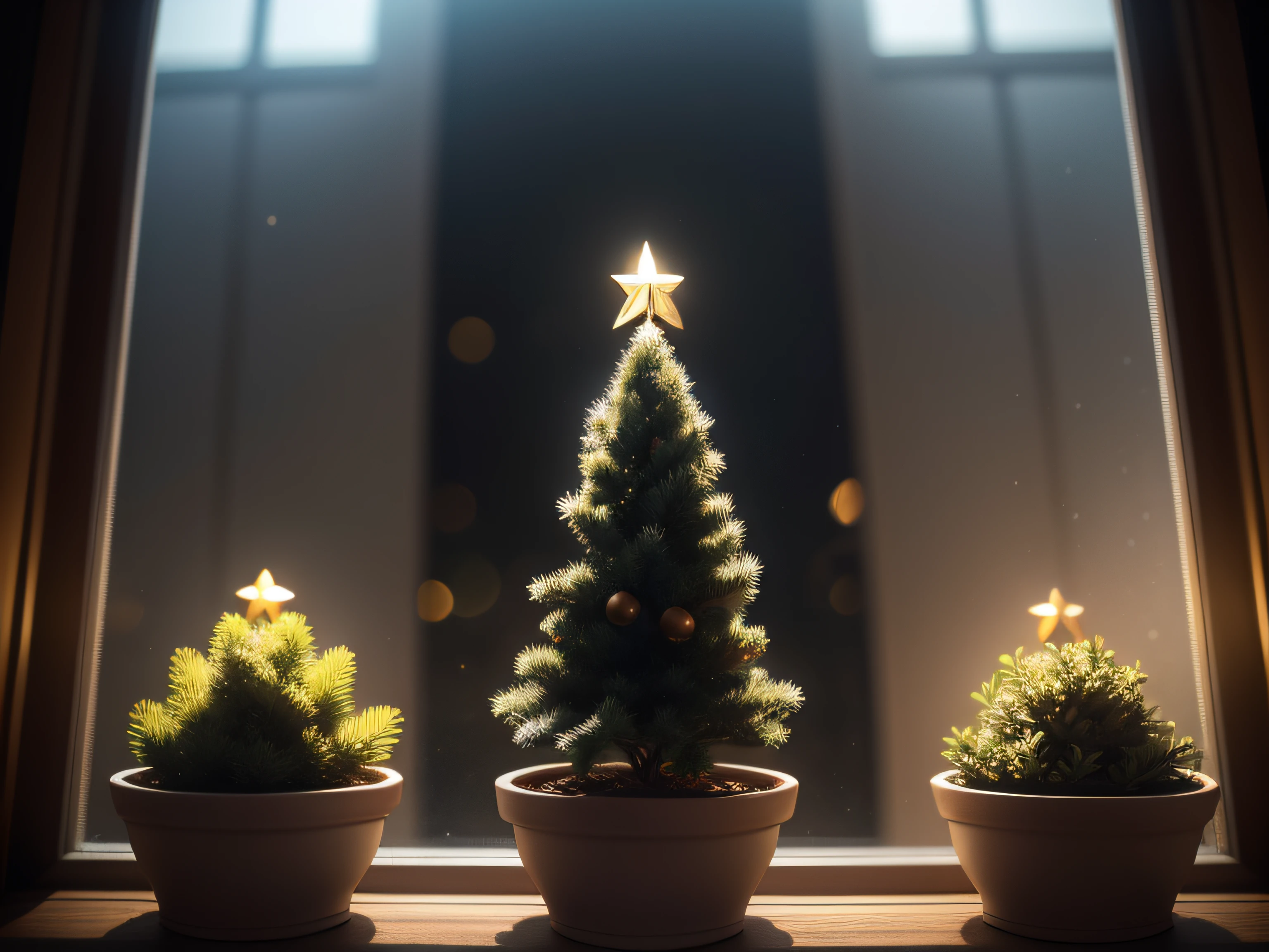 Three small Christmas tree style potted plants by the window、No humans、depth of fields、(blurry backround))、 masterpiece、top-quality、The ultra-detailliert