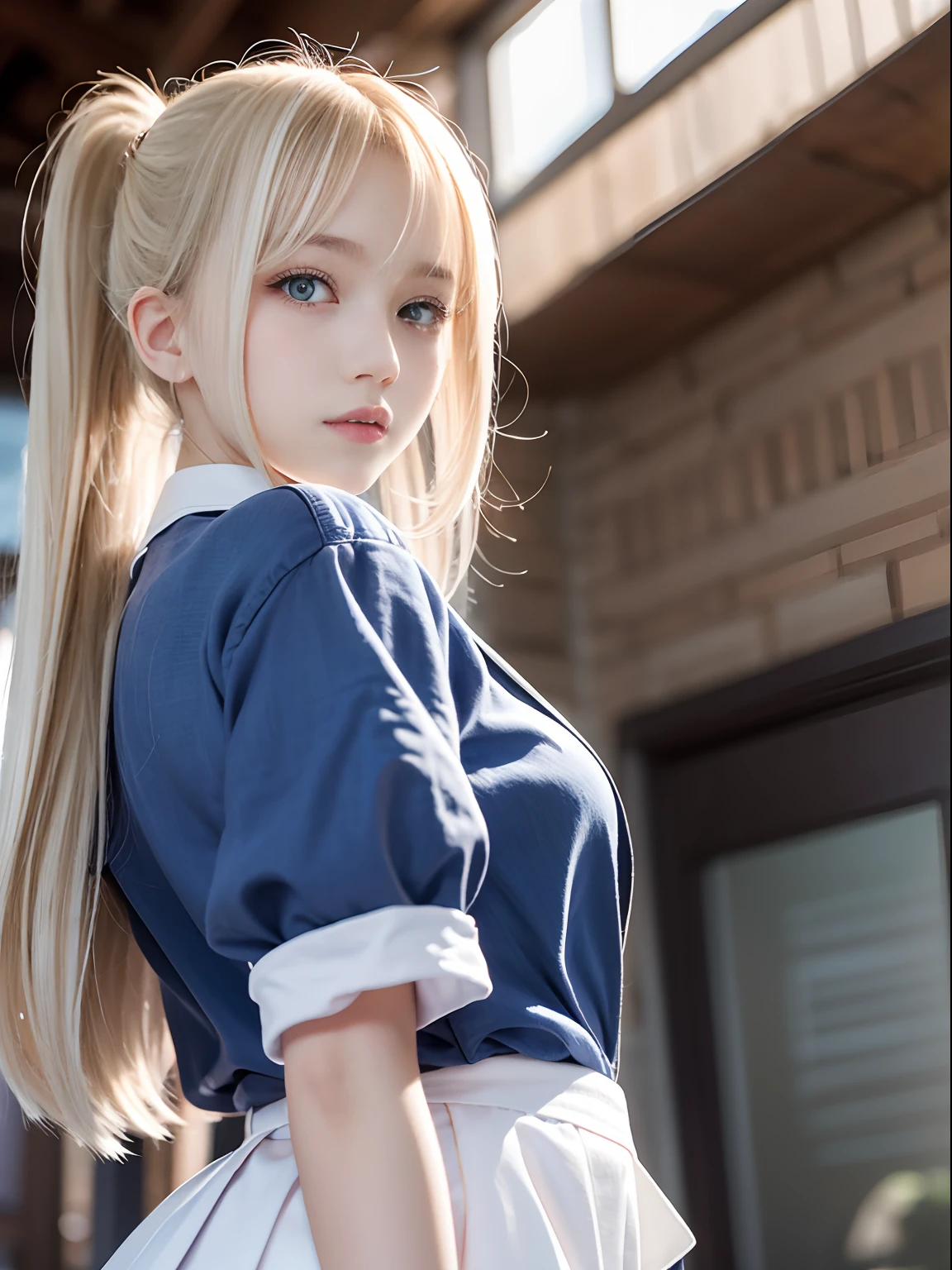 portlate、School Uniforms、bright expression、poneyTail、Young shiny shiny white shiny skin、Best Looks、Blonde reflected light、Platinum blonde hair with dazzling highlights、shiny light hair,、Super long silky straight hair、Beautiful bangs that shine、Glowing crystal clear attractive big blue eyes、Very beautiful nice cute girl、Lush bust