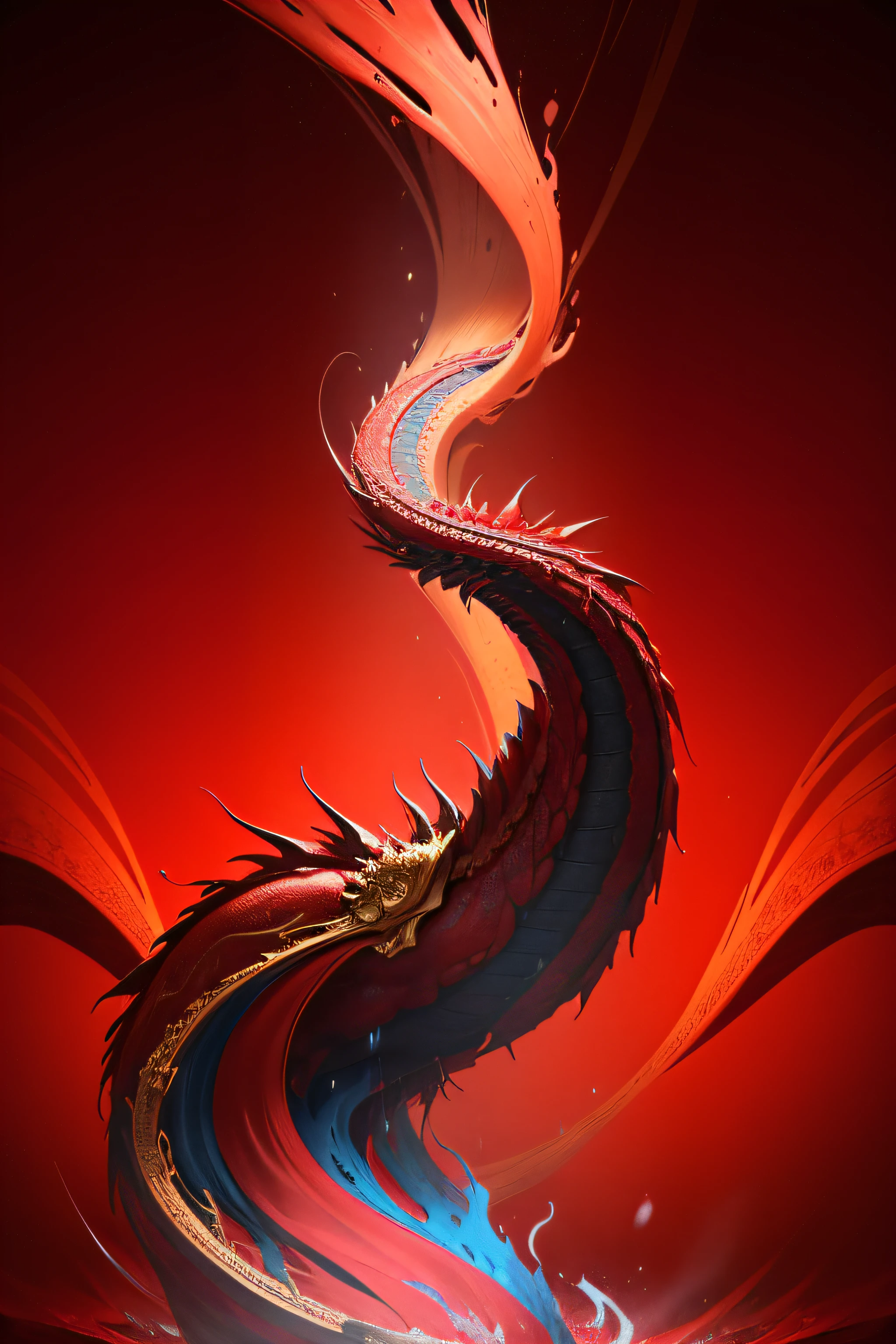Blood red background,Blue stretching mountains,National style elements,atmospurate,flowing blood-red colored silk, swirling red-colored silk fabric, Golden,There is a golden dragon, chains and red fluid background, red liquid,Background wall
