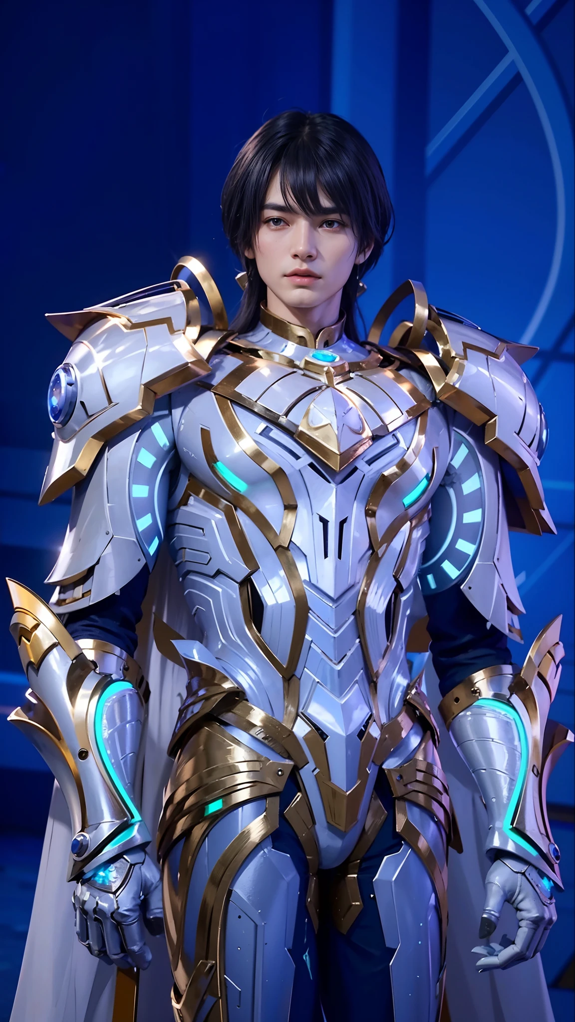 handsome man, long hair, best quality, photo, 4k,looking at viewer,full body,wear platinum armor,