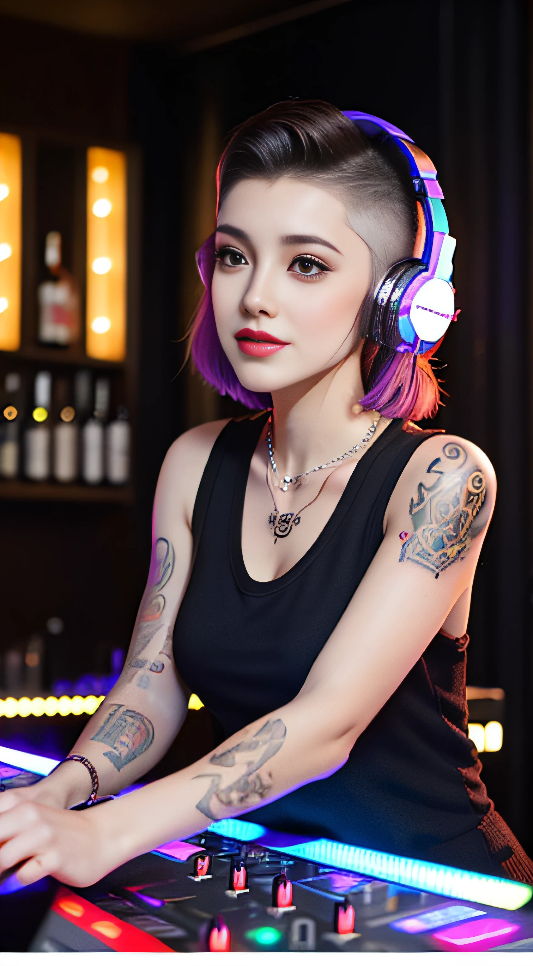 Best quality, Masterpiece, Ultra High resolution, native photo, Professional, photography, color photography, 1 girl, disco bar, girl with headphones, Djing in bar, upper body, female DJ, Looking at the crowd, DJ, DJ machine, DJ machine, Stage lights, (buzz cut:1.1), (Tattoo :1.1), Happy, dynamic, Gucci, Versace, cool, necklace, view