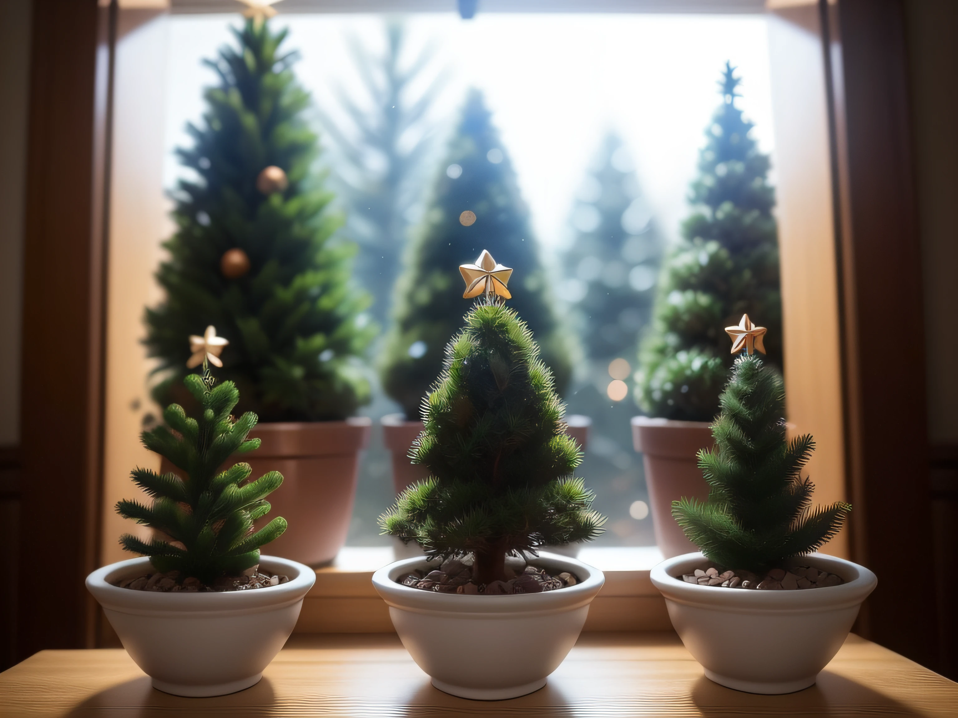 Three small Christmas tree style potted plants by the window、No humans、depth of fields、(blurry backround))、 ​masterpiece、top-quality、The ultra-detailliert