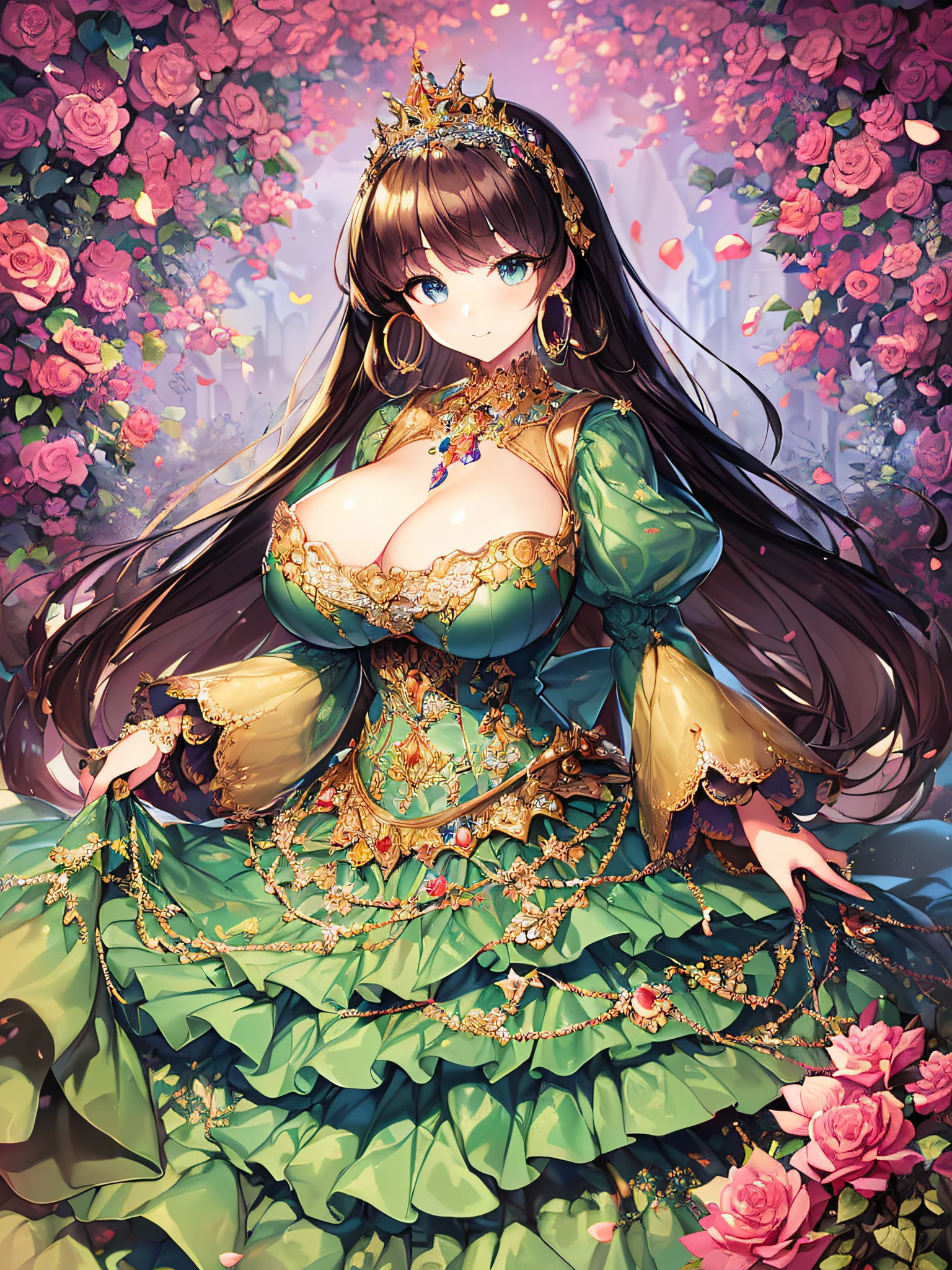 ((anime artstyle)),(Masterpiece),(Best Quality), (Super Detail),((Very Delicate and Beautiful)),(((Solo))),((full body portrait)),((1 princess in gorgeous princess rococo ballgown with voluminous full length hoop skirt)),((crinoline)),Long train,(((standing in garden))),(gorgeous gemstone jewelry),detailed face and eyes,jewel-like eyes,((large amount of straight hair,extremely voluminous Hair,Very Long Straight Hair)),((gigantic tits,Long tits)),cleavage,extremely gorgeousfull hair ornament,((bling-bling extremely gorgeousfull jeweled tiara)),((Dynamic Angle)),Looking at viewer,,flowers,flower petals flowing,((gorgeous princess rococo ballgown with voluminous full length hoop skirt))