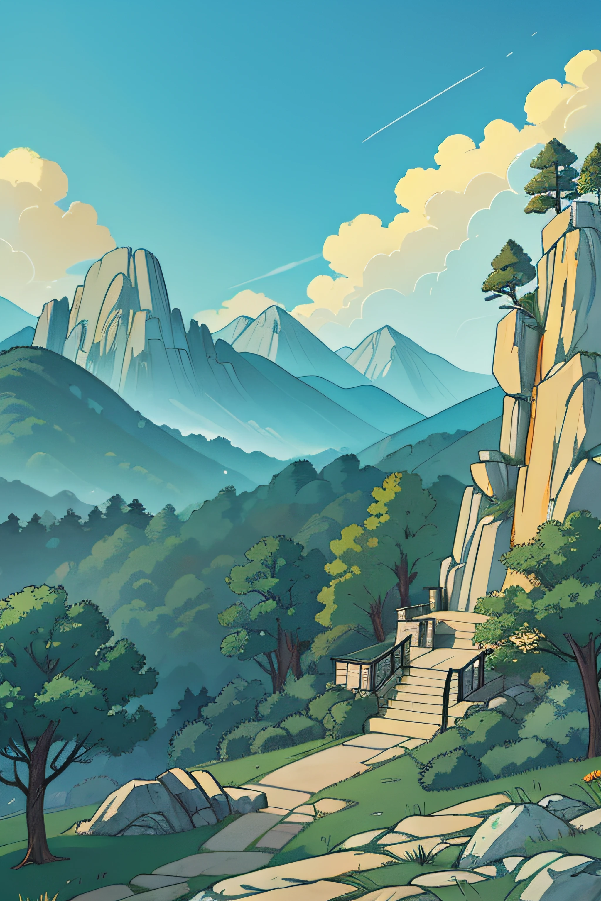 overcast sky,Yellow rocks,Woods in the distance,Manhwa Style,Skysky,baiyun,Far Mountain,Very far away stone mountain