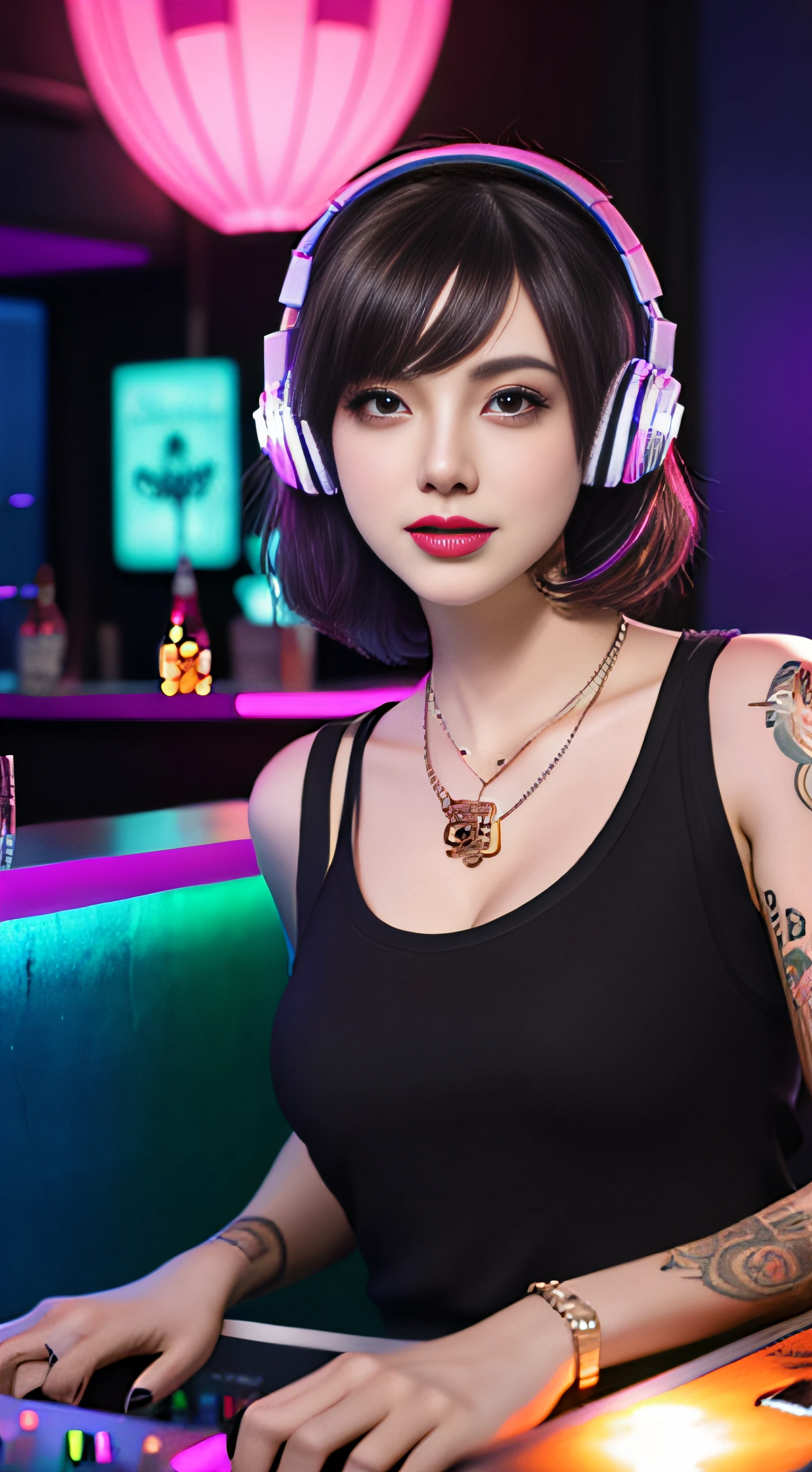 Best quality, Masterpiece, Ultra High resolution, native photo, Professional, photography, color photography, 1 girl, disco bar, girl with headphones, Djing in bar, upper body, female DJ, Looking at the crowd, DJ, DJ machine, DJ machine, Stage lights, (buzz cut:1.1), (Tattoo :1.1), Happy, dynamic, Gucci, Versace, cool, necklace, view