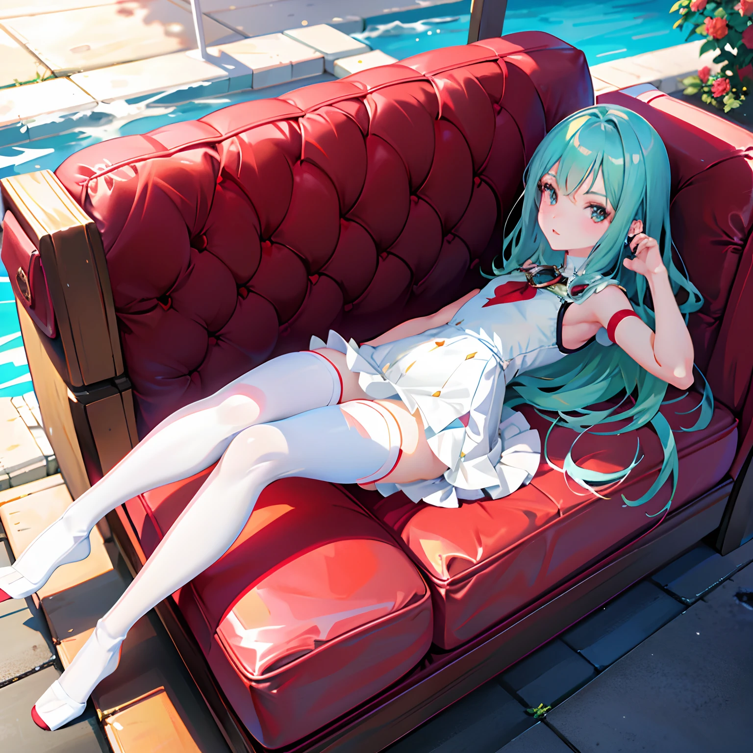 Anime girl lying on red chair,legs crossed, small curvaceous , seductive anime girls, Kushatt Krenz Key Art Women, cushart krentz, Highest rated on Pisif, anime barbie in white stockings, Lolisif 3DCG, at pixiv, Pisif, Shiny white skin, zerochan art,Bigchest