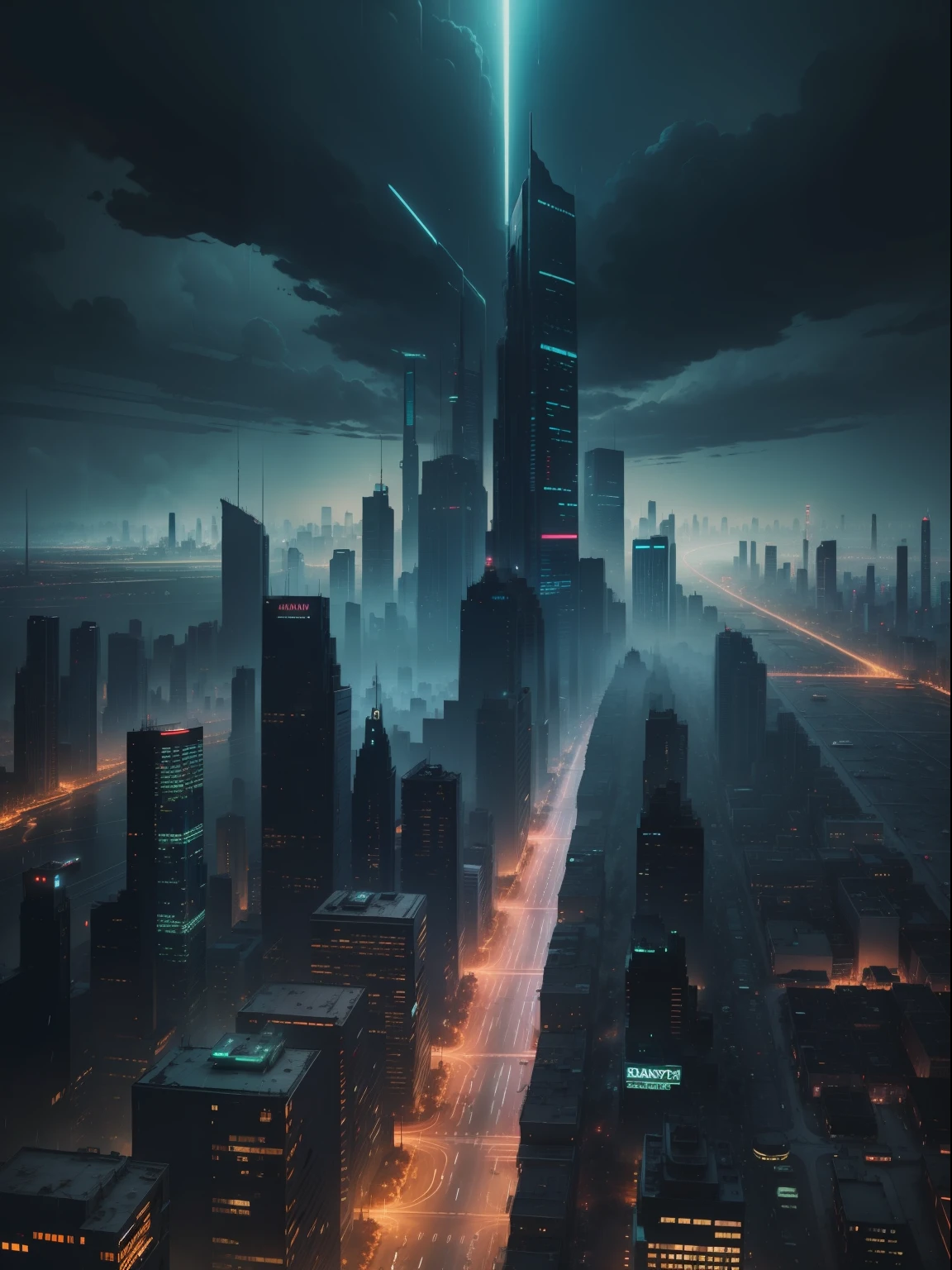 dark city, ruined city, futuristic city, cyberpunk city, raining, night, masterpiece, high quality, best quality, darkblue, tall buildings, modern cars, messy architecture, from above, darker, scarier, less traffic light, messy, ruined,