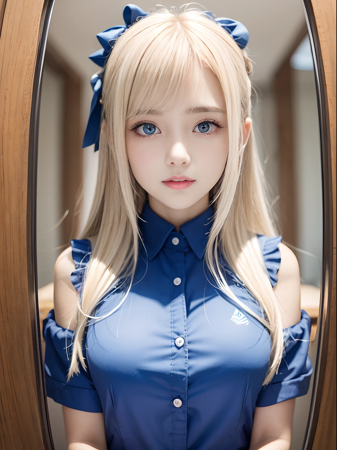 portlate、School Uniforms、bright expression、Young shiny shiny white shiny skin、Best Looks、Blonde reflected light、Platinum blonde hair with dazzling highlights、shiny light hair,、Super long silky straight hair、Beautiful bangs that shine、Glowing crystal clear attractive big blue eyes、Very beautiful nice cute girl、Lush bust、