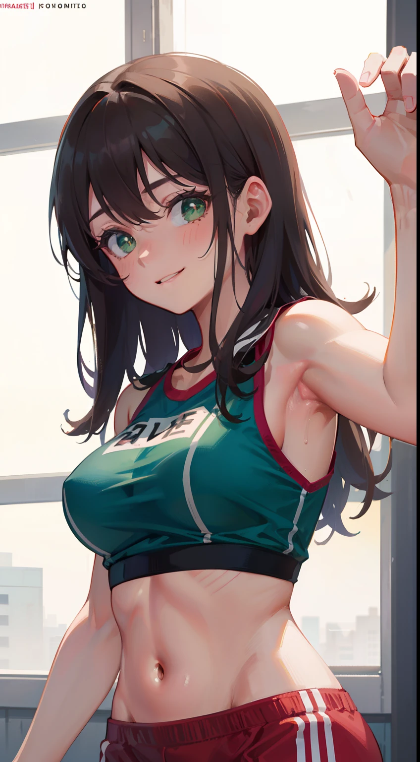 (masterpiece), (best quality), ultra high res, sharp focus, ((1 woman, solo)), in the gym, (at the afternoon time:1.2), upper body, magazine cover, beautiful detailed hair, chestnut brown hair, long hair tumbles down, ((beautiful shape eyes, green eyes)), beautiful detailed face, perfect feminine face, comfortable face, look at the viewer, smiles, body sweats, feminine gym outfit