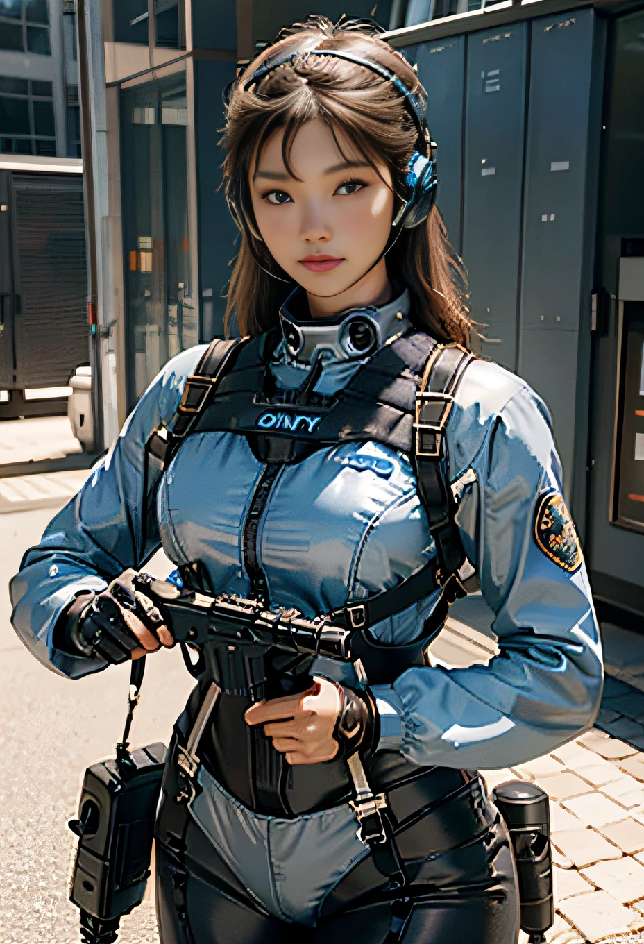 Highest image quality, outstanding details, ultra-high resolution, (realism: 1.4), the best illustration, favor details, highly condensed 1girl, with a delicate and beautiful face, ((cowboy shot)), (wearing racing suit likes police uniform, black and gray mecha, wearing a visor, military harness, holding a machinegun or bring a machinegun, "SST"), simple background gey