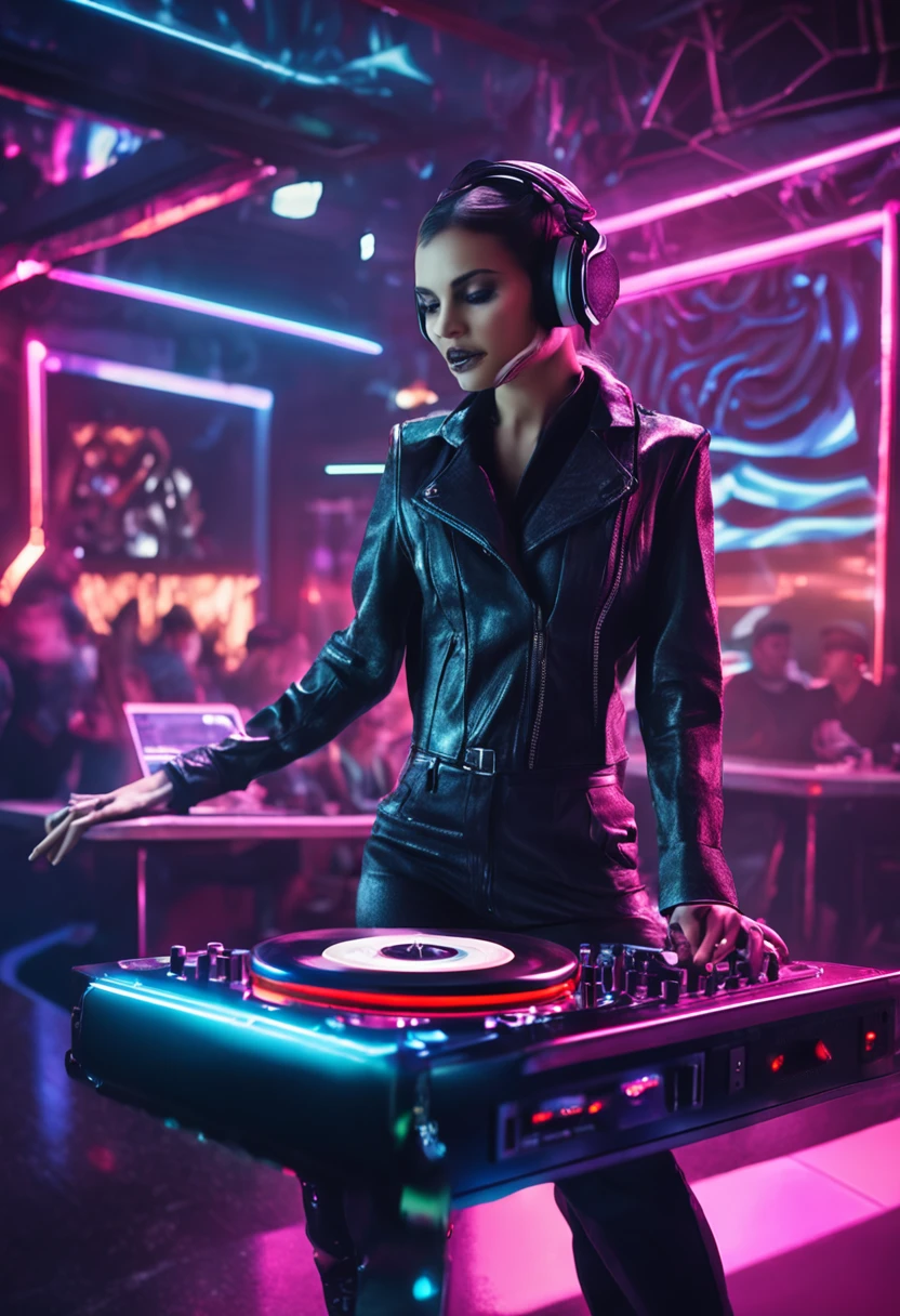 A young female DJ wears a vinyl record player on a sci-fi DJ table，（The upper part of the body：1.5）, In a lively discotheque，Look at the crowd，Cybernetics enhances the highly detailed futurists on the stage table，She wears futuristic clothing and double-sided hearing headphones，She wears a Rosotto hat on her head，Laugh excitedly，dynamic viewing angle，