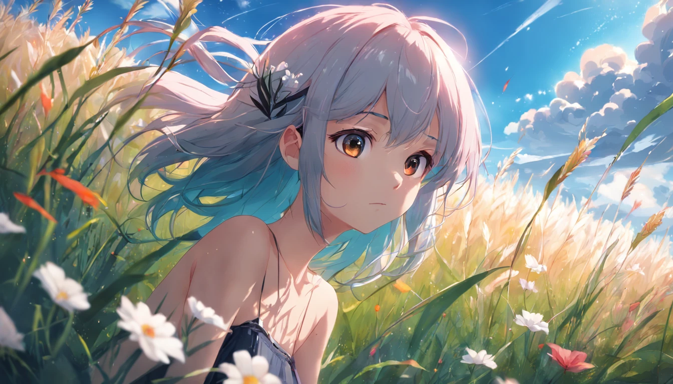 Summer Wallpaper, Grass, Few Flowers, Big Clouds, Blue Sky, Hot Weather, HD Detail, Moist Watermark, Ultra Detail, Film, Hyper Realism, Soft Light, Deep Focus Bokeh, Ray Tracing, and Hyper Realism