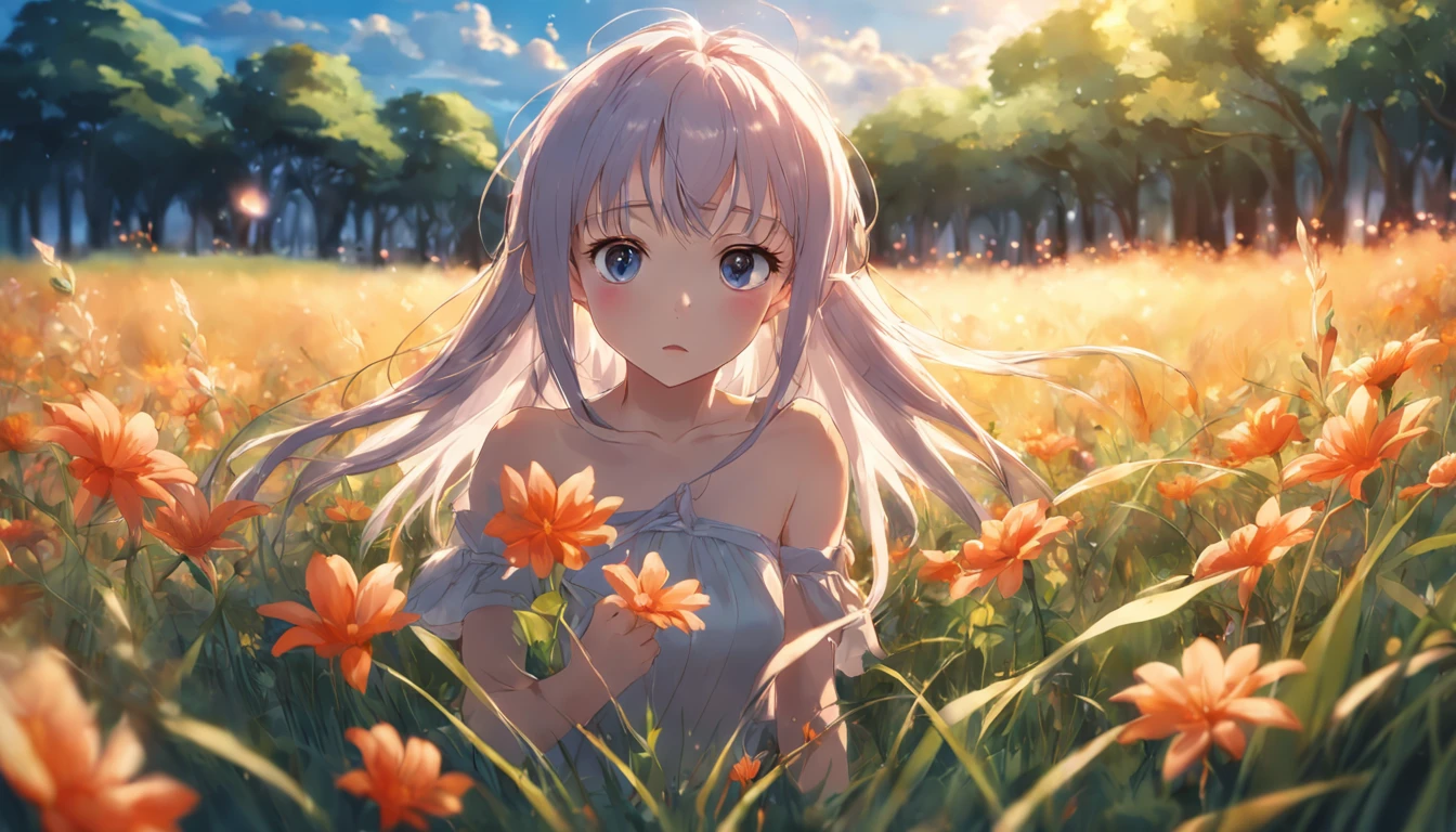 Summer Wallpaper, Grass, Few Flowers, Big Clouds, Blue Sky, Hot Weather, HD Detail, Moist Watermark, Ultra Detail, Film, Hyper Realism, Soft Light, Deep Focus Bokeh, Ray Tracing, and Hyper Realism