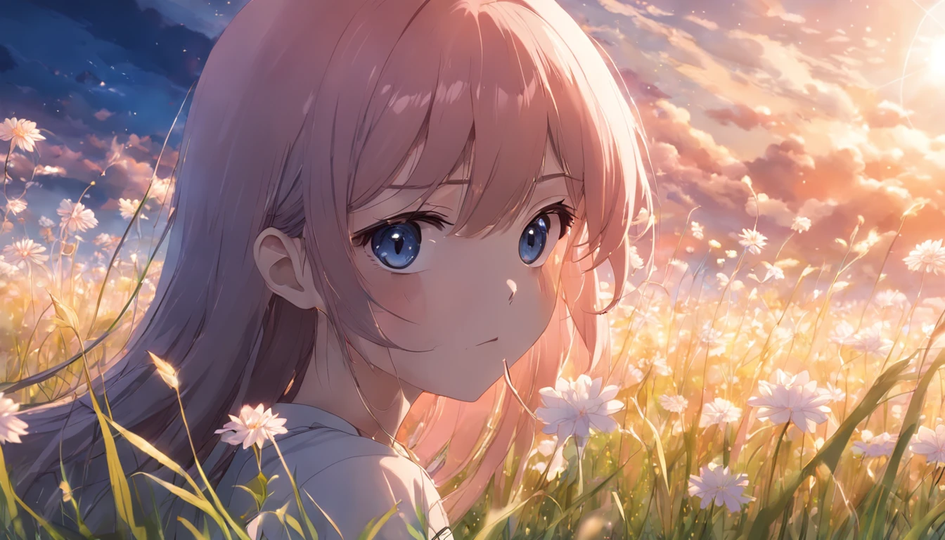 Summer Wallpaper, Grass, Few Flowers, Big Clouds, Blue Sky, Hot Weather, HD Detail, Moist Watermark, Ultra Detail, Film, Hyper Realism, Soft Light, Deep Focus Bokeh, Ray Tracing, and Hyper Realism