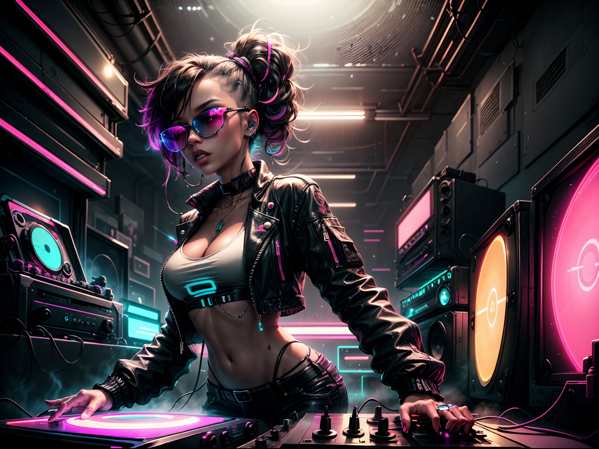 "Cyberpunk DJ girl with half body shot, cool open jacket and crop top shirt, rocking sun glasses, two big LED glowing loudspeakers on each side, immersed in a neon-lit environment, vinyl record on turntable with music mixer and turntable in front of her, exuding an electrifying disco vibe in a futuristic night club."