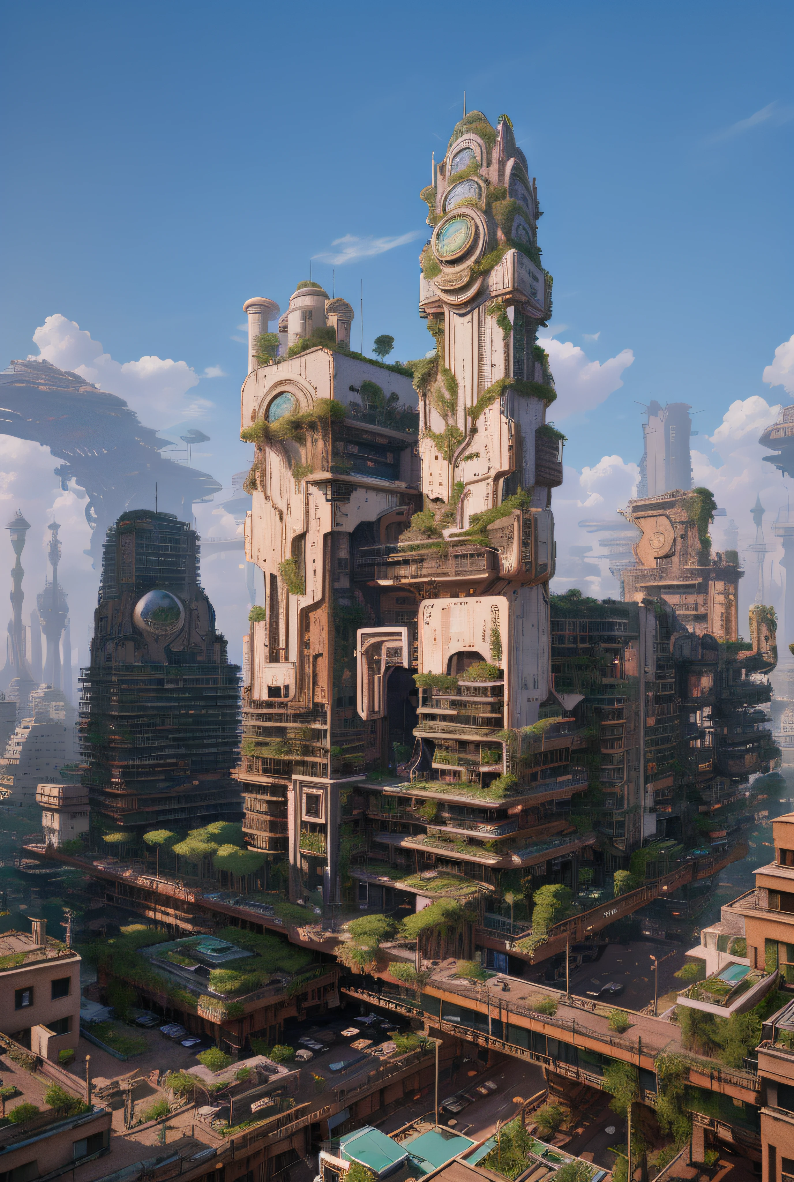 Plants grow on high-rise buildings，Plants and architecture live in symbiosis，..CGI，Light and shadow details，mechanicalparts，Photorealistic rendering，The world after the disappearance of humanity，No man's land，overgrown with plants，Wasteland，After the war，废墟，cawing ravens，air vehicle