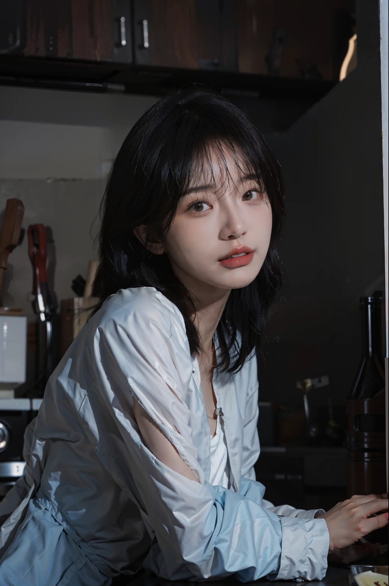 8K,best qualtiy,tmasterpiece,超高分辨率,(真实感:1.6),RAW photogr,(True skin texture:1.3),(filmgrain:1.3),(Side shooting angle),1个Giant Breast Girl,Beautiful eye and face details,tmasterpiece,Best quality at best,closeup cleavage,raincoat,in a kitchen,