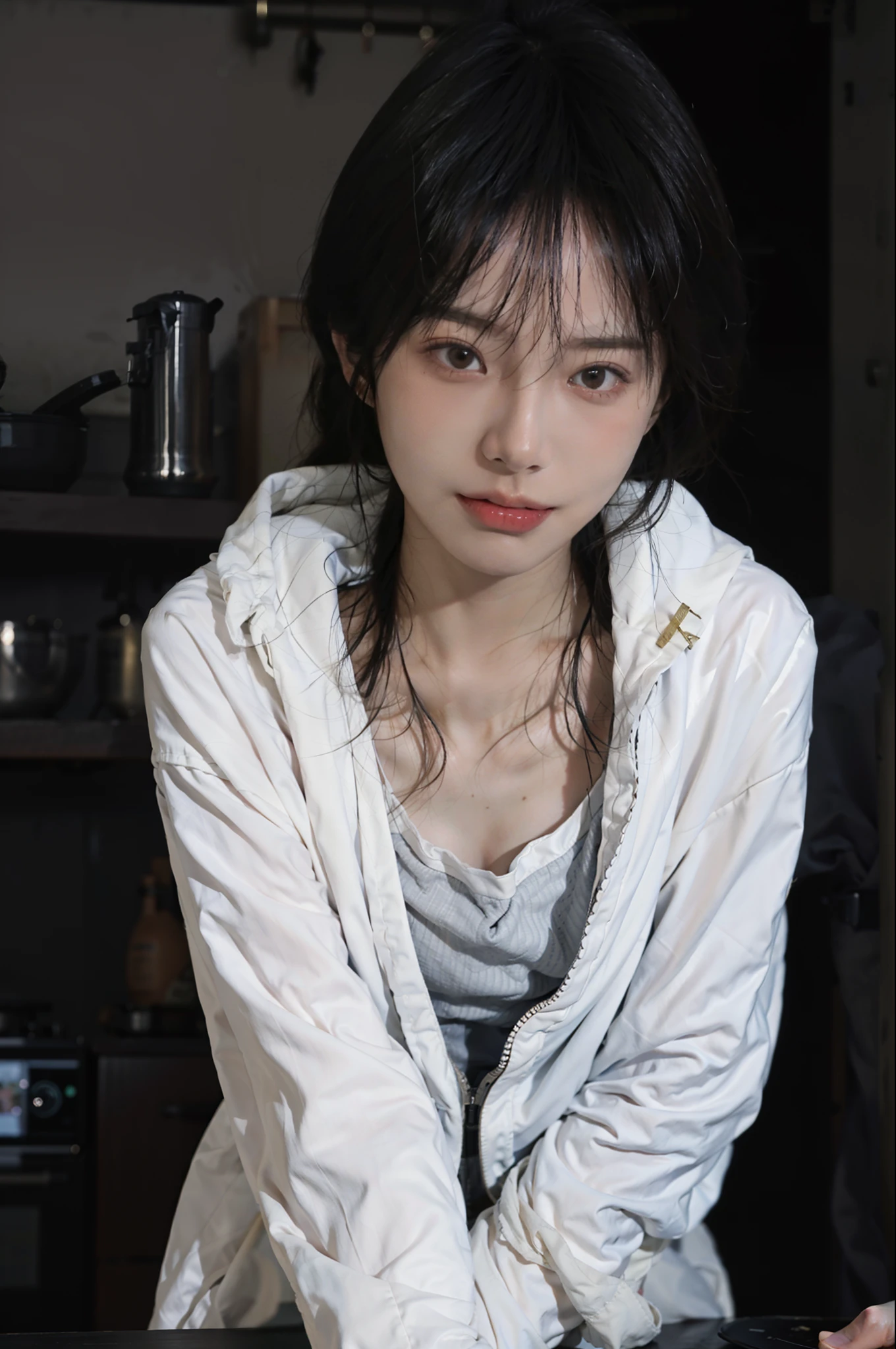 8K,best qualtiy,tmasterpiece,超高分辨率,(真实感:1.6),RAW photogr,(True skin texture:1.3),(filmgrain:1.3),(Side shooting angle),1个Giant Breast Girl,Beautiful eye and face details,tmasterpiece,Best quality at best,closeup cleavage,raincoat,in a kitchen,