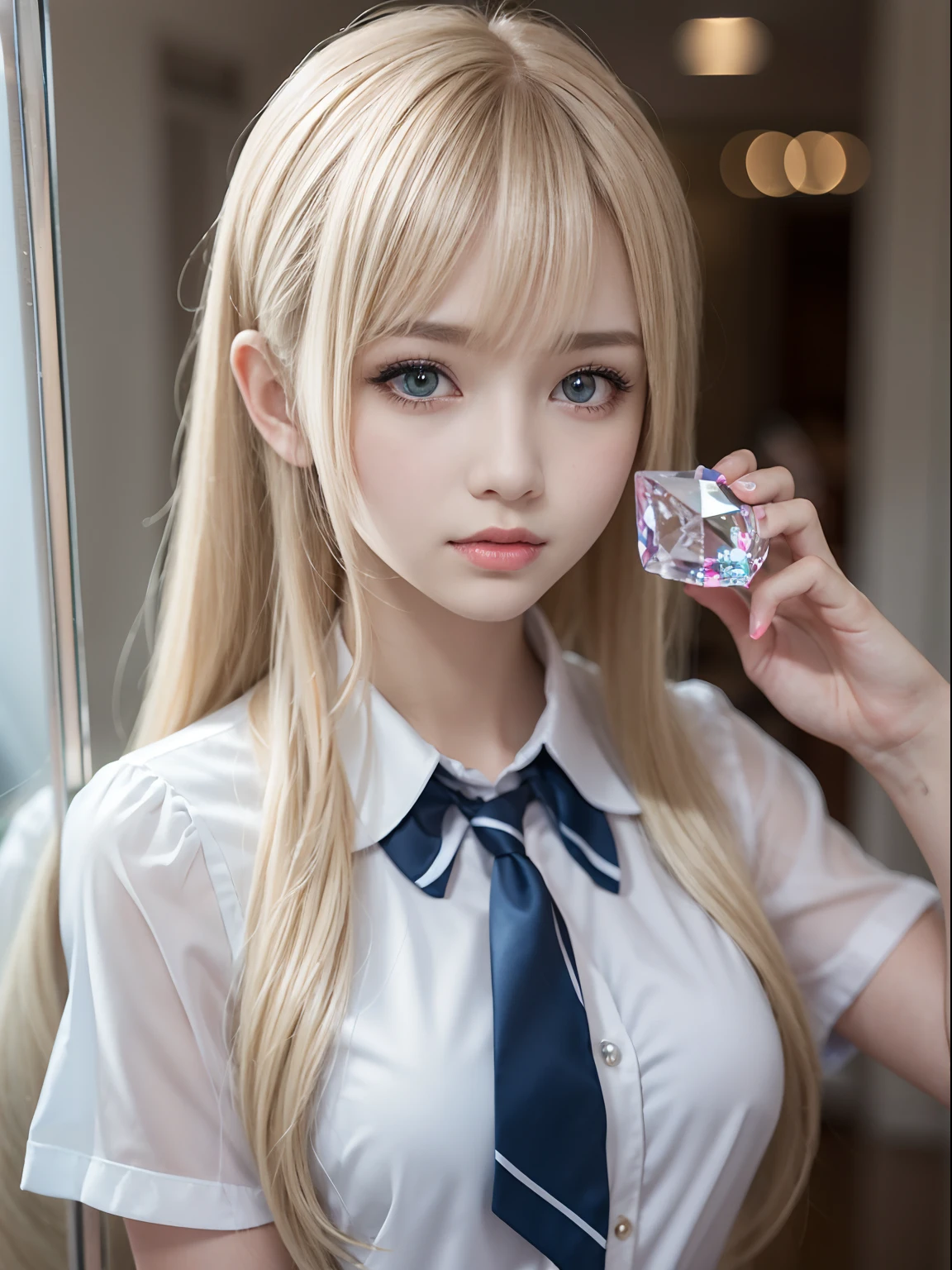 portlate、School Uniforms、bright expression、poneyTail、Young shiny shiny white shiny skin、Best Looks、Blonde reflected light、Platinum blonde hair with dazzling highlights、shiny light hair,、Super long silky straight hair、Beautiful bangs that shine、Glowing crystal clear attractive big blue eyes、Very beautiful nice cute girl、Lush bust