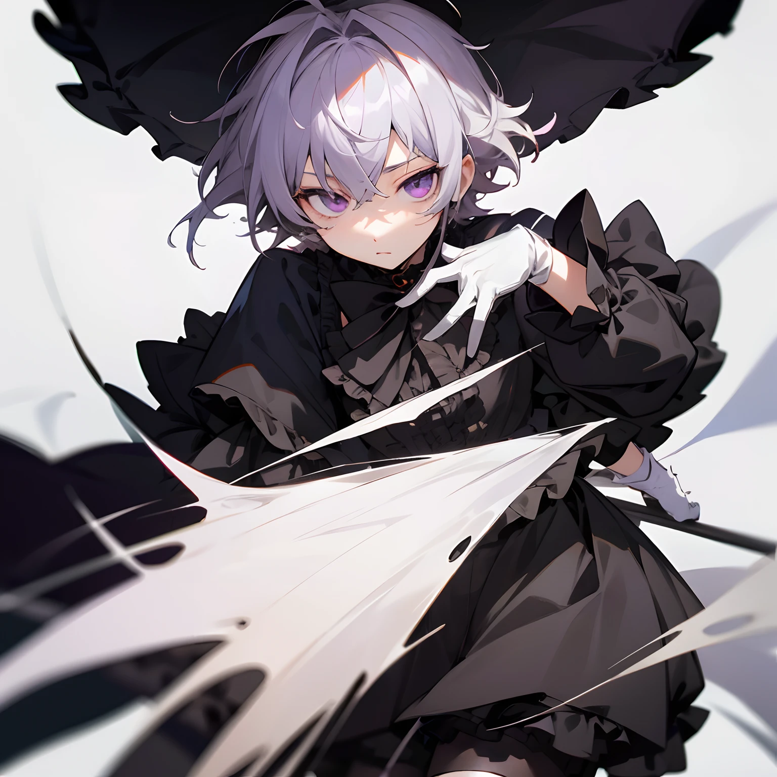 Detailed, 8k, high quality, perfect art, shota, young boy, male, short white hair, detailed hair strands, messy hair, really dark purple eyes, soulless looking eyes, lolita clothing, (black ruffled shorts), anime artstyle, black clothes, ruffles in clothes, large black bow behind back, detailed clothing, intricate clothing, black stockings, black gloves