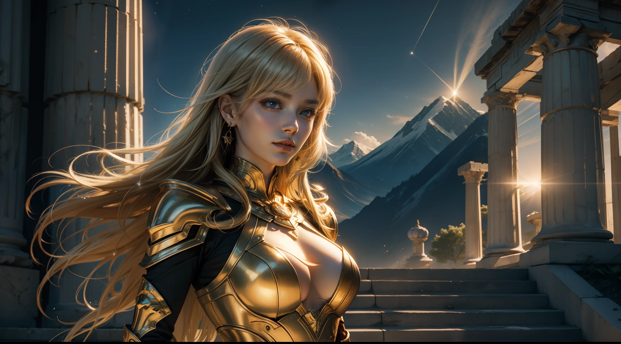 ((best qualtiy)), ((tmasterpiece)), ((Realistis)), (A detailed), (realisticlying:1.5),illusory engine, (High detail: 1.9),(femele:1.4),(big breasts beautiful: 1.4),(carismatic:1.3), (Large breasts), beuaty girl,Exquisite armor,beauitful face, looking at viewert, dynamicposes, In the background is a Greek temple,starrysky,hdr, Ray traching, NVIDIA RTX, Hyper-Resolution, Unreal 5, sub surface scattering, PBR textures, Post-processing, Anisotropic filtering, depth of fields, Maximum clarity and sharpness, trichotomy,8K original,(Luminous Particle:1.4),(VerydetailedCG,Unity 8k壁纸,cinmatic lighting,lens flare glow),Reflectors,Sharp focus,