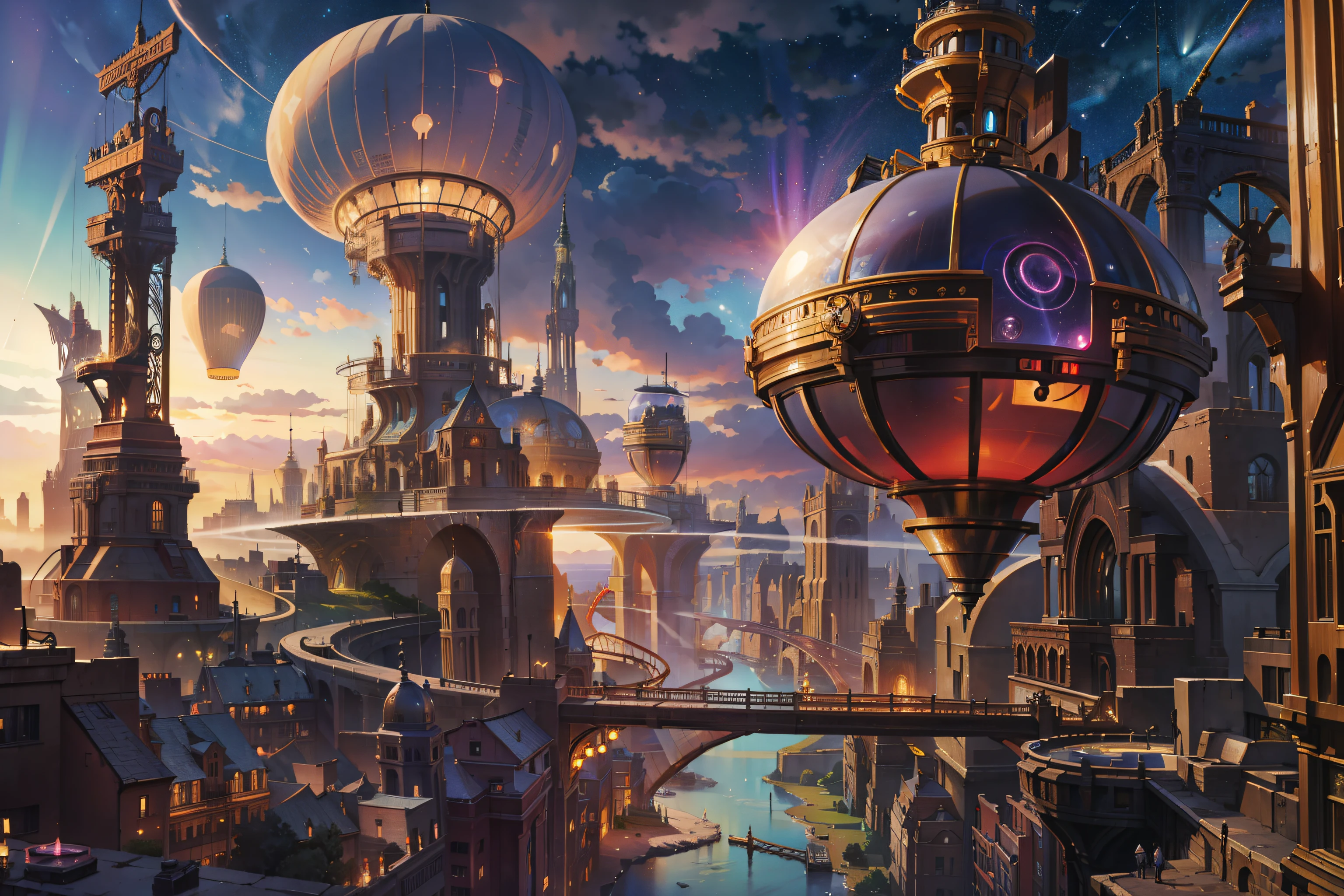 Ultra-wide field of view，（levitating：1.5），（A huge double-ring steampunk city floating in space：1.3），（Illuminate the futuristic steampunk city：1.4），（Thick clouds：1.4），（Estilo de Makoto Shinkai：1.4），Rejoice，Perfect quality，Clear focus（Clutter - home：0.8）， （tmasterpiece：1.2）， （realisticlying：1.2） ，（with light glowing：1.2）， （best qualtiy）， （detailed  starry sky：1.3） ，（complexdetails）， （8K）， （Detail meteor） ，（Sharp focus），（having fun），（Award-winning digital artwork：1.3） af （sketching：1.3），（with dynamism：1.3）,studiolight,Theme，looking from above, the space, afloat， --v 6