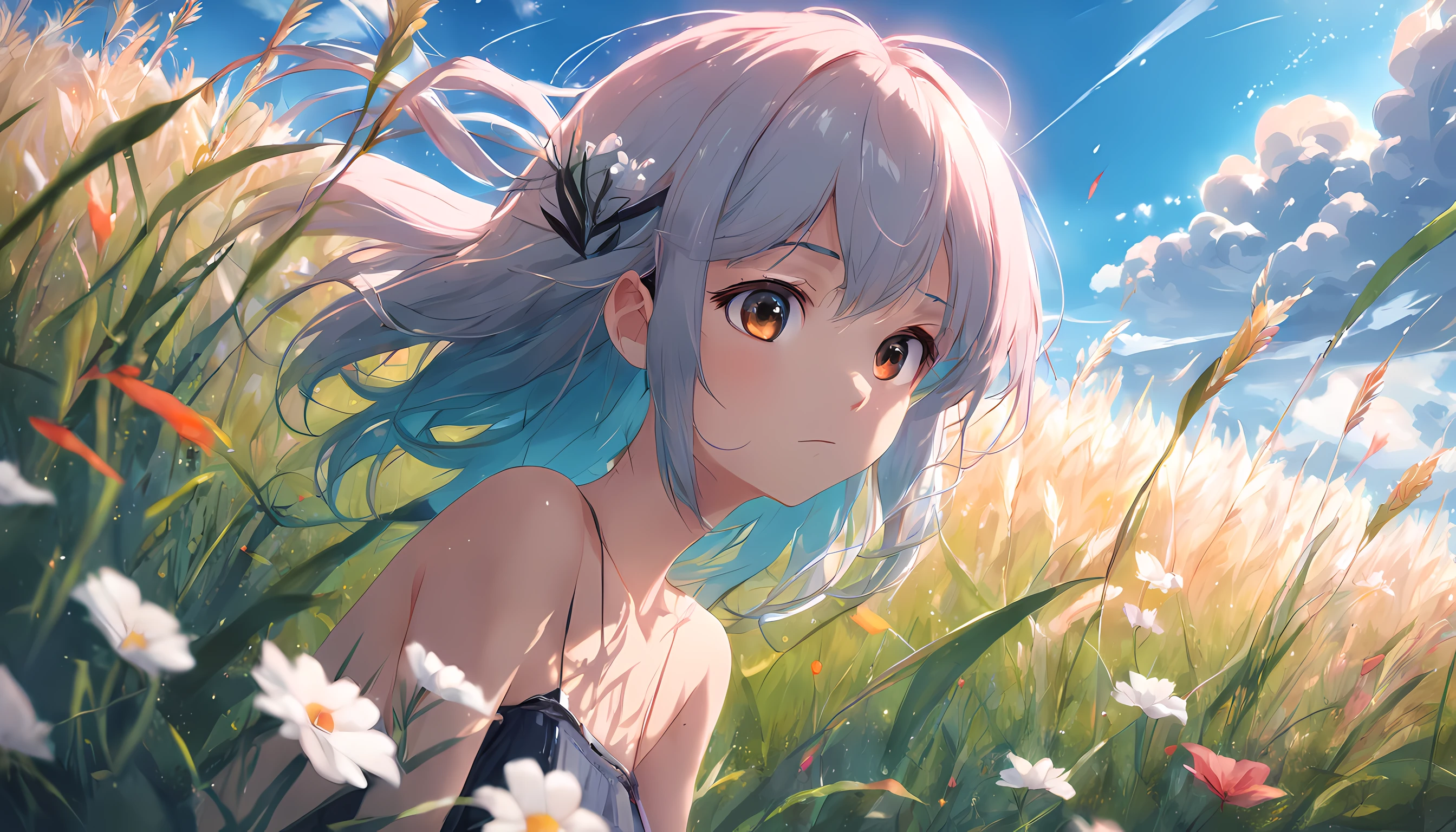 Summer Wallpaper, Grass, Few Flowers, Big Clouds, Blue Sky, Hot Weather, HD Detail, Moist Watermark, Ultra Detail, Film, Hyper Realism, Soft Light, Deep Focus Bokeh, Ray Tracing, and Hyper Realism
