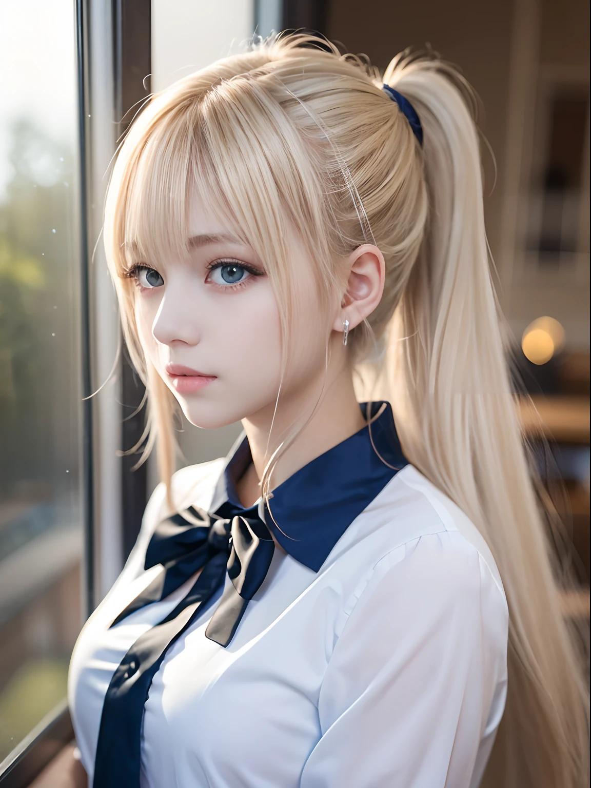 portlate、School Uniforms、bright expression、poneyTail、Young shiny shiny white shiny skin、Best Looks、Blonde reflected light、Platinum blonde hair with dazzling highlights、shiny light hair,、Super long silky straight hair、Beautiful bangs that shine、Glowing crystal clear attractive big blue eyes、Very beautiful nice cute 16 year old girl、Lush bust