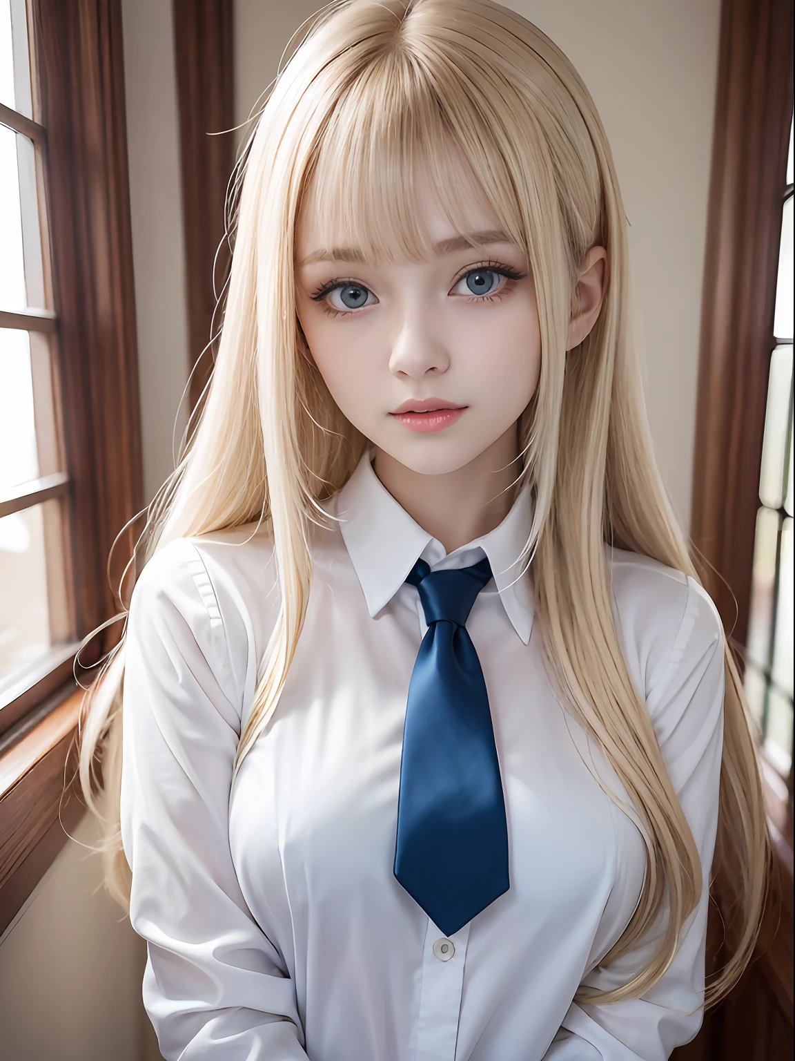 portlate、School Uniforms、bright expression、poneyTail、Young shiny shiny white shiny skin、Best Looks、Blonde reflected light、Platinum blonde hair with dazzling highlights、shiny light hair,、Super long silky straight hair、Beautiful bangs that shine、Glowing crystal clear attractive big blue eyes、Very beautiful nice cute  girl、Lush bust