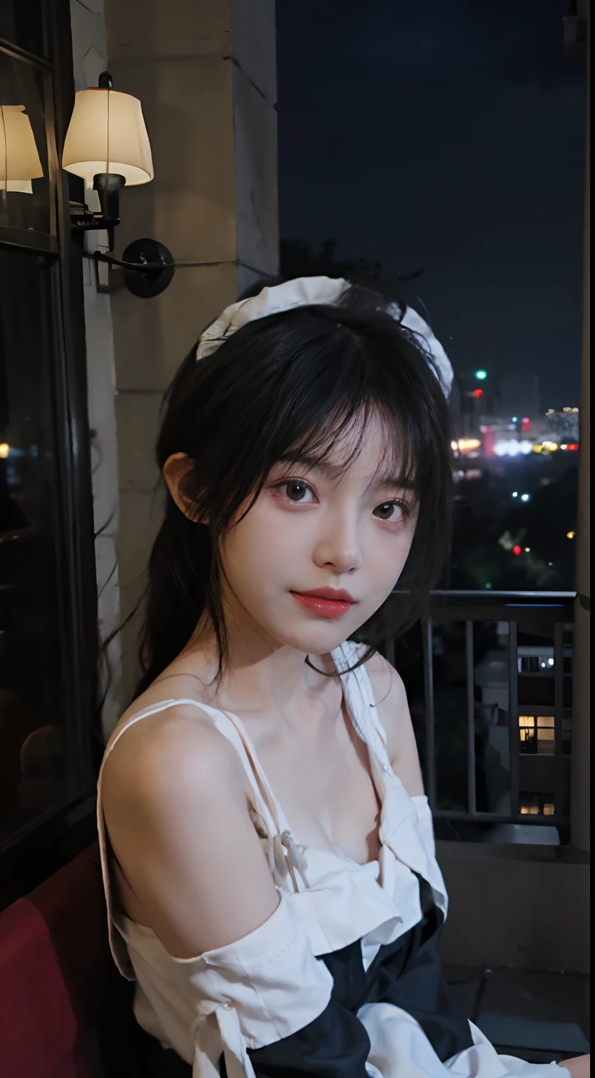 best qualtiy， 超高分辨率，8K，Royal Sister，Beautuful Women， looking at viewert， closeup cleavage，self-shot，The upper part of the body，the maid outfit，cropped shoulders，on a balcony，sitted，nighttime scene