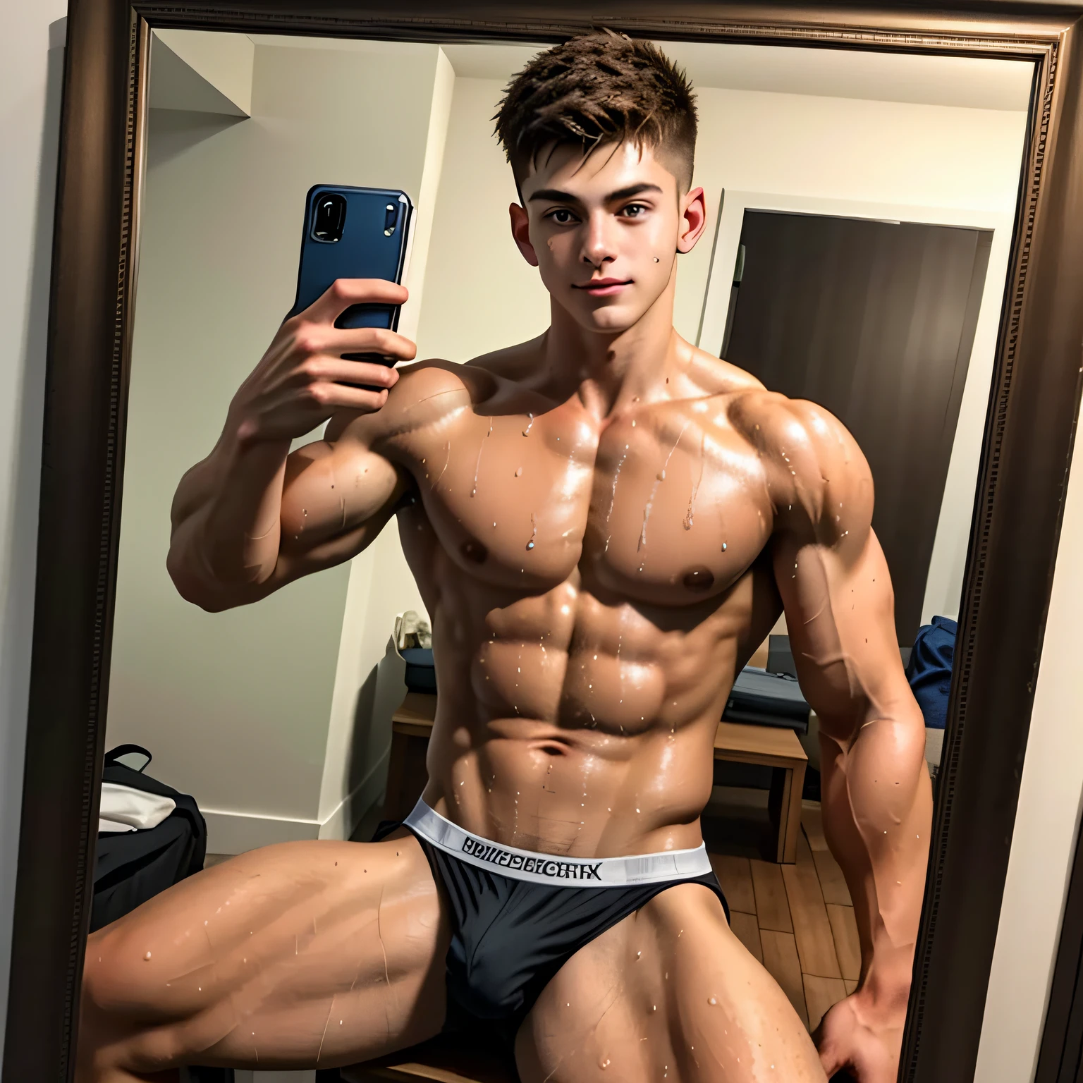 masterpiece, best quality, ultra detailed, realistic, sfw, 1boy, an attractive 18 years old fit caucasian boy sitting in front of a mirror taking selfie, flexing pose, ((sweat)), shirtless, wearing tight jockstrap, big bulge, vpl, smug, full body shot,