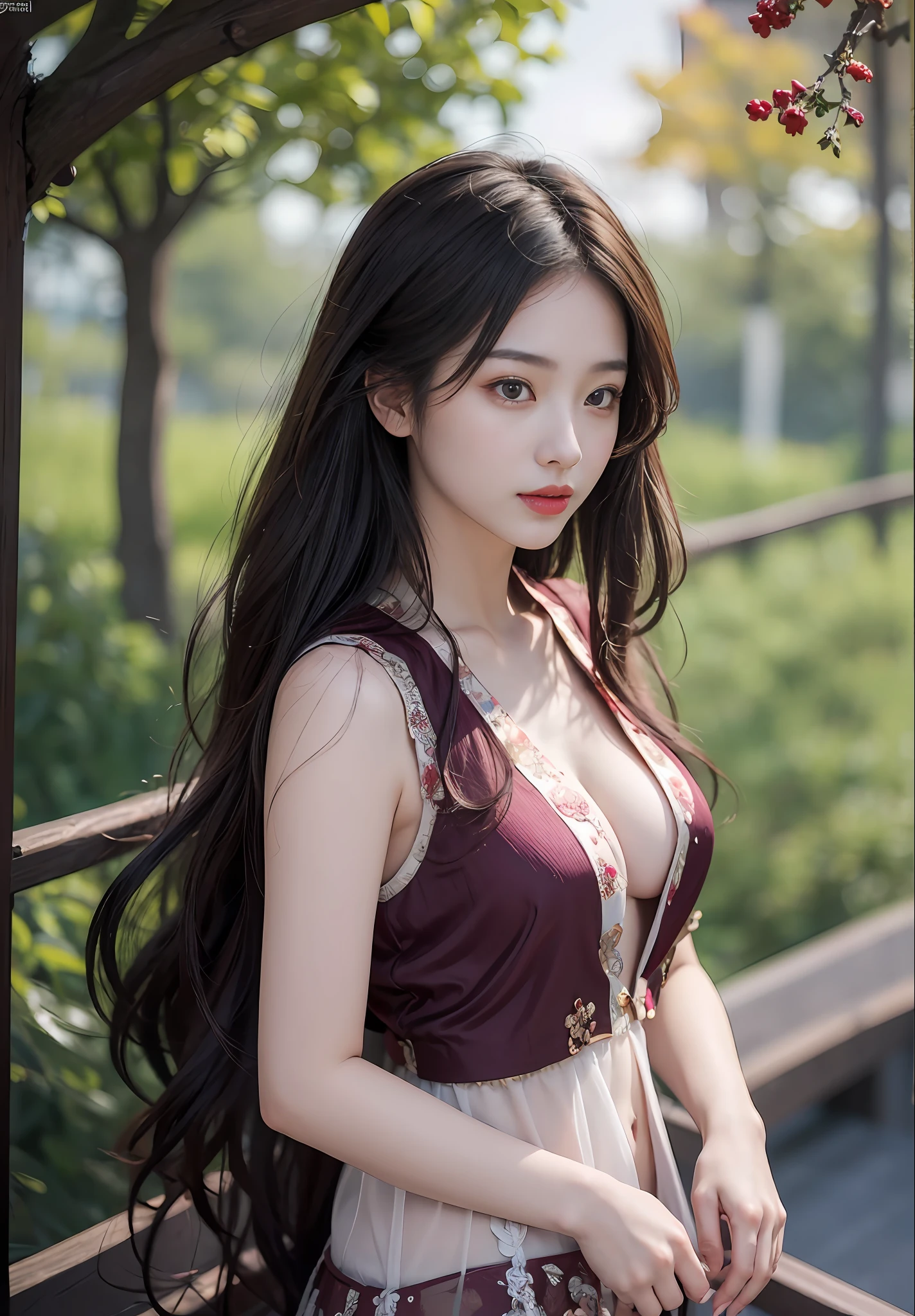 Best quality,Masterpiece,超高分辨率,(Photorealistic:1.4),(1girll:1.3),Outdoors,(Half body:1.5),1 girl,wavy and long hair,Open chest,full bodyesbian,Open chest,vests, Dusk