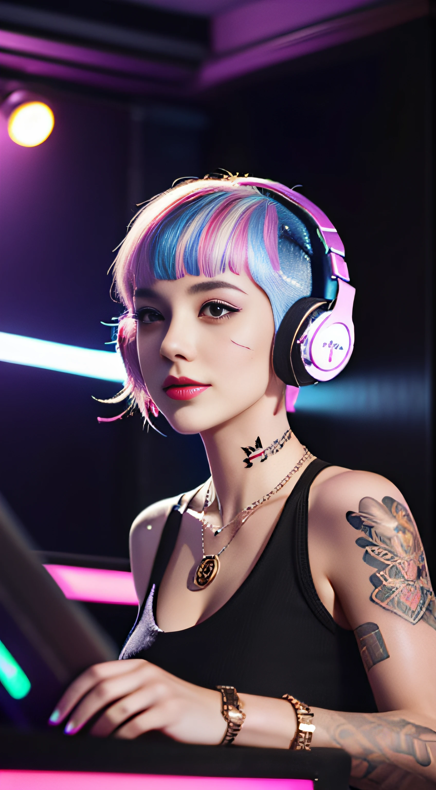 Best quality, Masterpiece, Ultra High resolution, native photo, Professional, photography, color photography, 1 girl, disco bar, girl with headphones, Djing in bar, upper body, female DJ, Looking at the crowd, DJ, DJ machine, DJ machine, Stage lights, (buzz cut:1.1), (Tattoo :1.1), Happy, dynamic, Gucci, Versace, cool, necklace, view