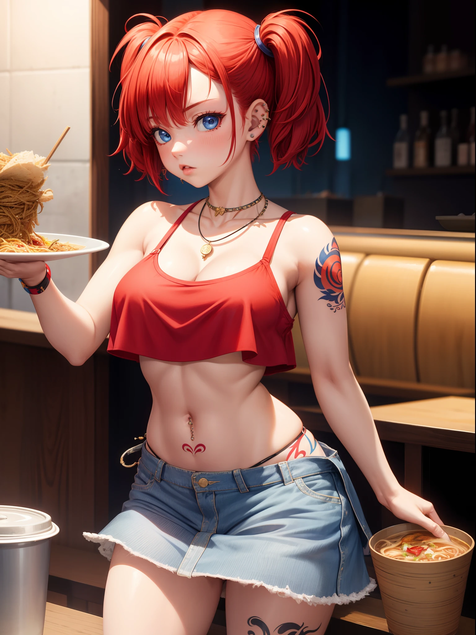1 girl, solo, only one girl ,red hair,Short hair, Hair in two pigtails, blue eyes, crop top, bare shoulders, necklace, piercings, big boobs,belly tattoo,Hand tattoo, Restaurant, eat ramen