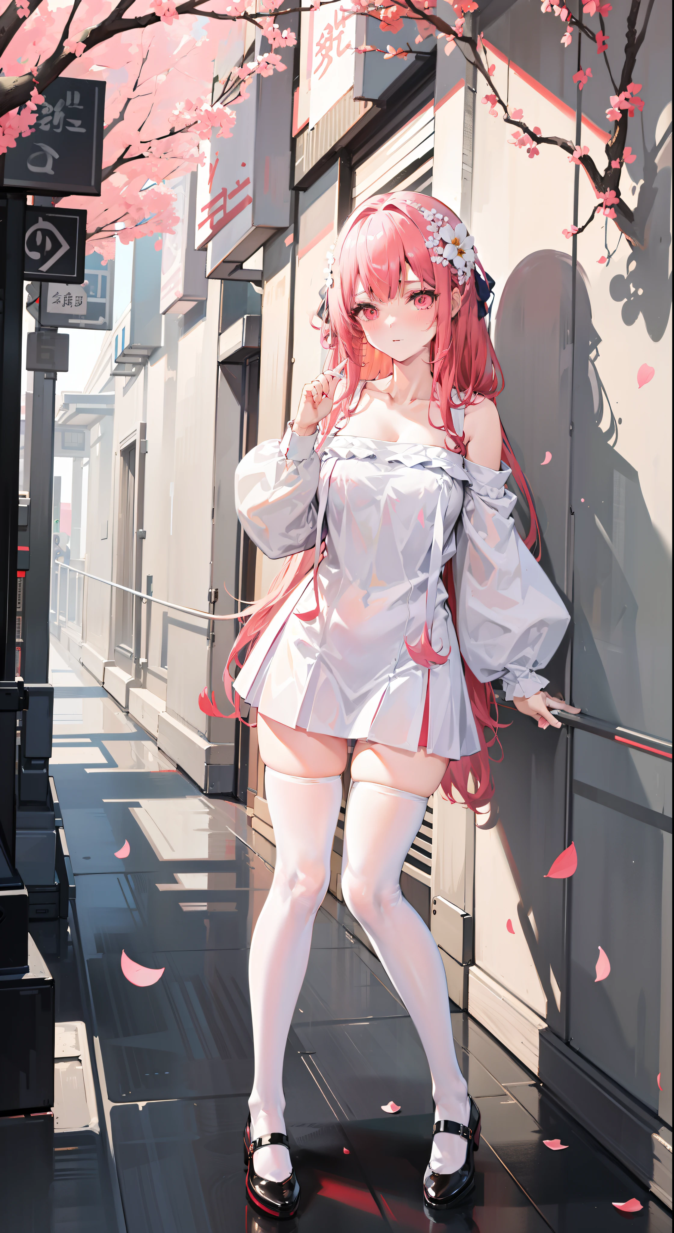 one-girl,Full body in camera,full bodyesbian,D cup,huge tit,(tmasterpiece),(best qualtiy),(A pink-haired,long whitr hair:2,White flower decoration,White hairpin),(White suspender stockings,Suspenders,over knee socks,Full body pantyhose),(White silk bandeau,Silk cheongsam),Bare back,Shoulders exposed,Chest exposure,(panties are visible:1.5,White panties,Silk panties),鎖骨,(Hold your cheeks with your hands,tilts your head),(cuteexpression,ssmile,Playful),(Be red in the face,putting makeup on, Blushlush),(Black heels,Pink cherry blossom decoration),(Light red carpet,Golden decoration),SakuraNS, the night,alleys,have to pee,Pee,pissing,Pee yourself,Pink streamers,Top lighting,16k,High- sharpness,high qulity,wide wide shot,Bright colors,Exquisite hand details,Exquisitehands