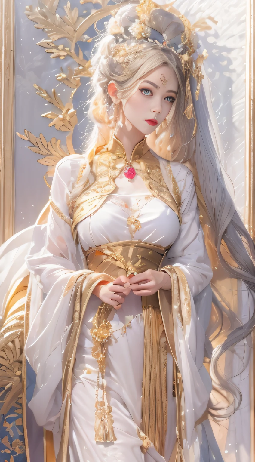 1 Beautiful 27-year-old saint, The charming adult saint wears a long dress made of thin silk, flawless and beautiful face, Adult, Wearing a thin multicolored silk dress, Beautiful face without blemishes, (((Natural smile:1.0))), ((Flat bangs:0.5)), (((Long platinum hair:0.5))), The Great Crown, Hair brooch, Hanfu dress, Peculiar Hanfu style, Full body accessories, Tattoo on the forehead, Ultra-flat chest, Beautiful pretty face, The most beautiful、The most delicate light red lipstick, ((Thin and plump lips:0.3)), ((Golden eye color:1.6)), Detailed and delicate lighting effects, light and dark, Dramatic lighting, Magical light, Extremely detailed light, True color, Super sharp, Realistic, 8K quality, Fantasy universe background, Saints and magical spaces, The most detailed image, ((Solo:0.3)), ((saintess:0.6)), ((Look directly at the upper body of the saint:0.4)), Upper body, ((Smooth skin:0.5)), ((The veil of the Virgin:0.6)), ((Solo:0.5)), ((lone girl:0.4)), Portrait of a female saint, short imagen, Upper body portrait, [Open mouth], Numbers are realistic,