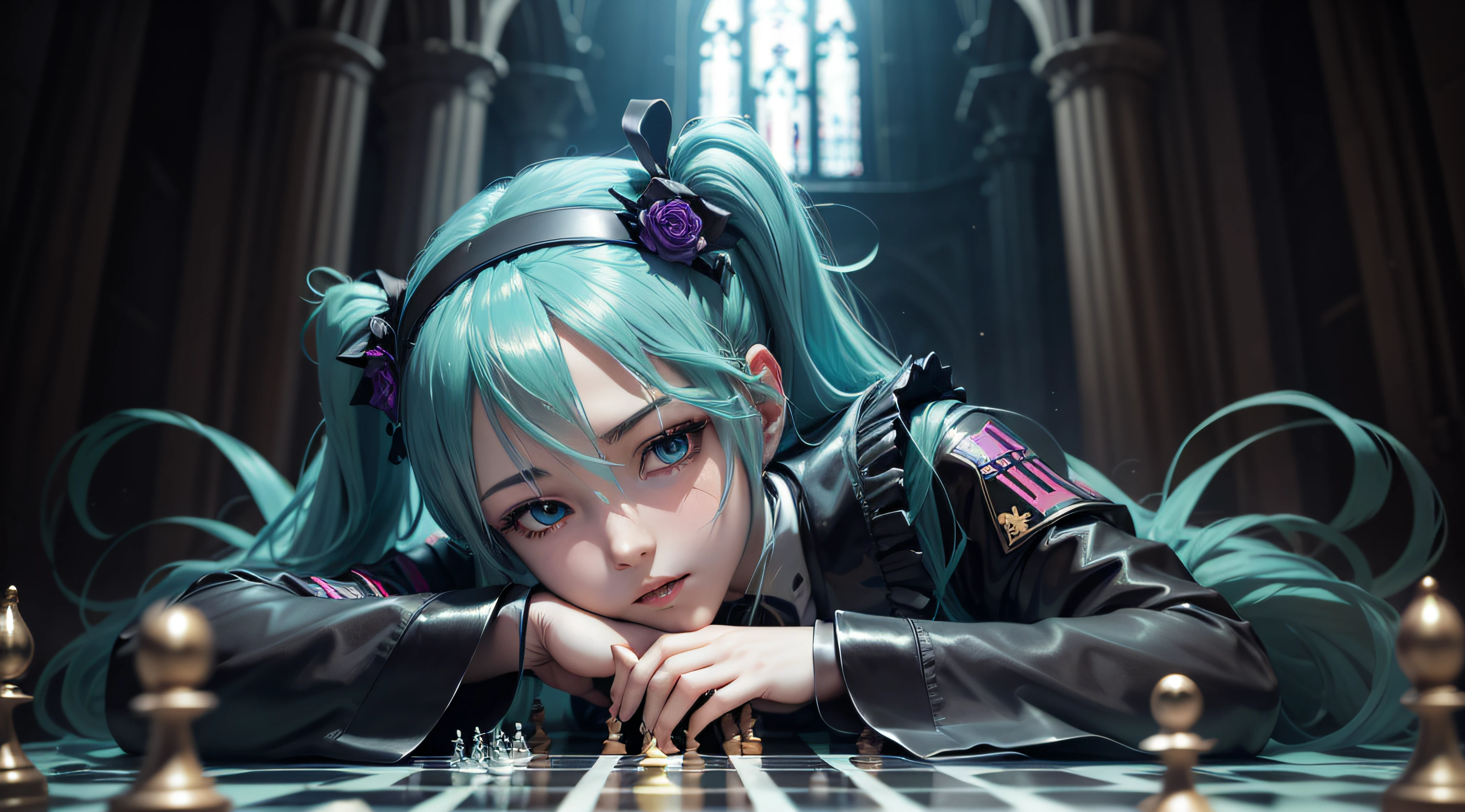 hatsune miku plays chess with death, dark fantasy, gothic atmosphere, gloomy, grim reaper, chess tournament, dark cathedral background, realistic, detailed --auto