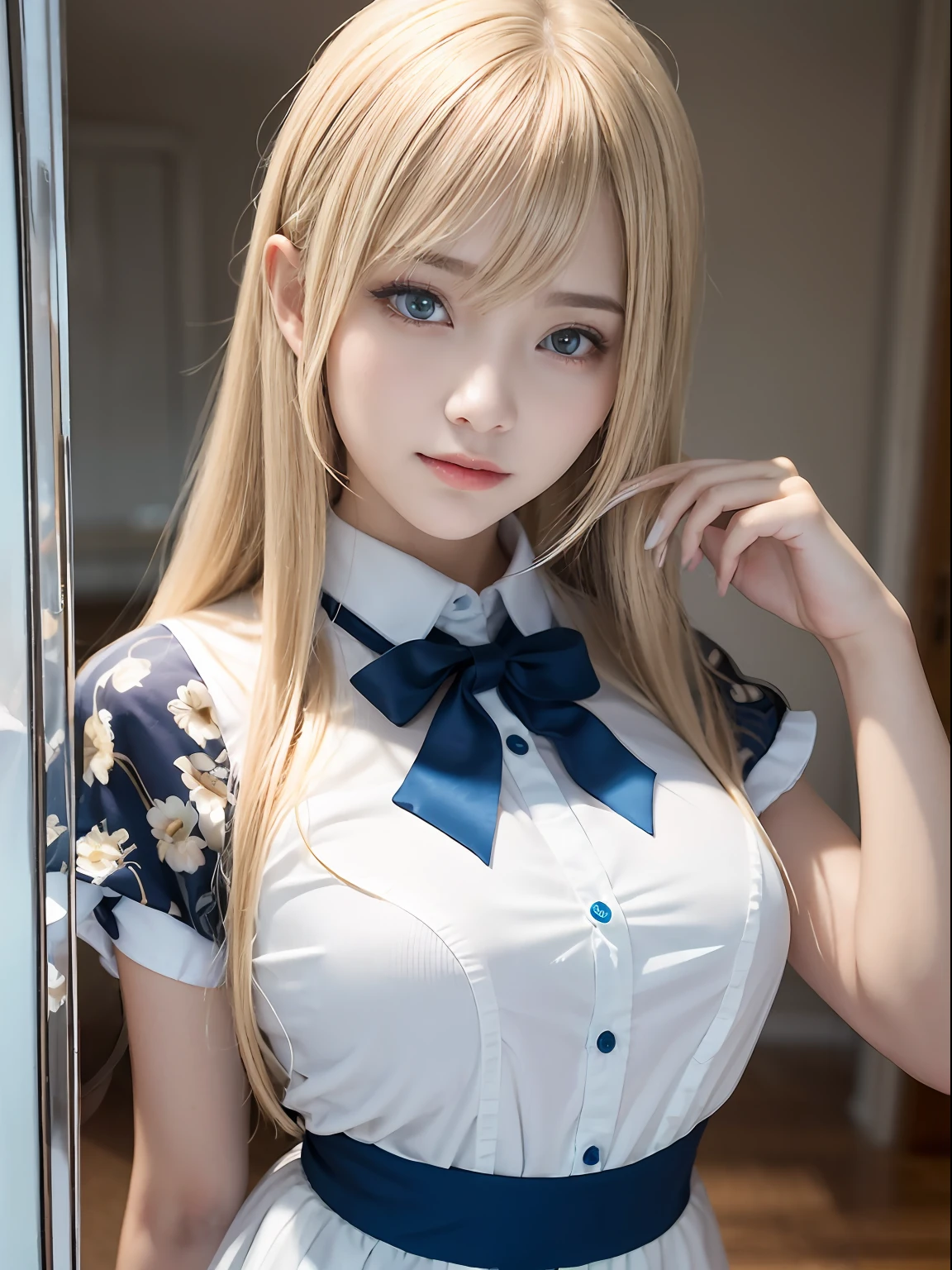 portlate、School Uniforms、bright expression、poneyTail、Young shiny shiny white shiny skin、Best Looks、Blonde reflected light、Platinum blonde hair with dazzling highlights、shiny light hair,、Super long silky straight hair、Beautiful bangs that shine、Glowing crystal clear attractive big blue eyes、Very beautiful nice cute 16 year old girl、Lush bust,White and beautiful blouse、((Rejoice with the whole body 1.5))++、