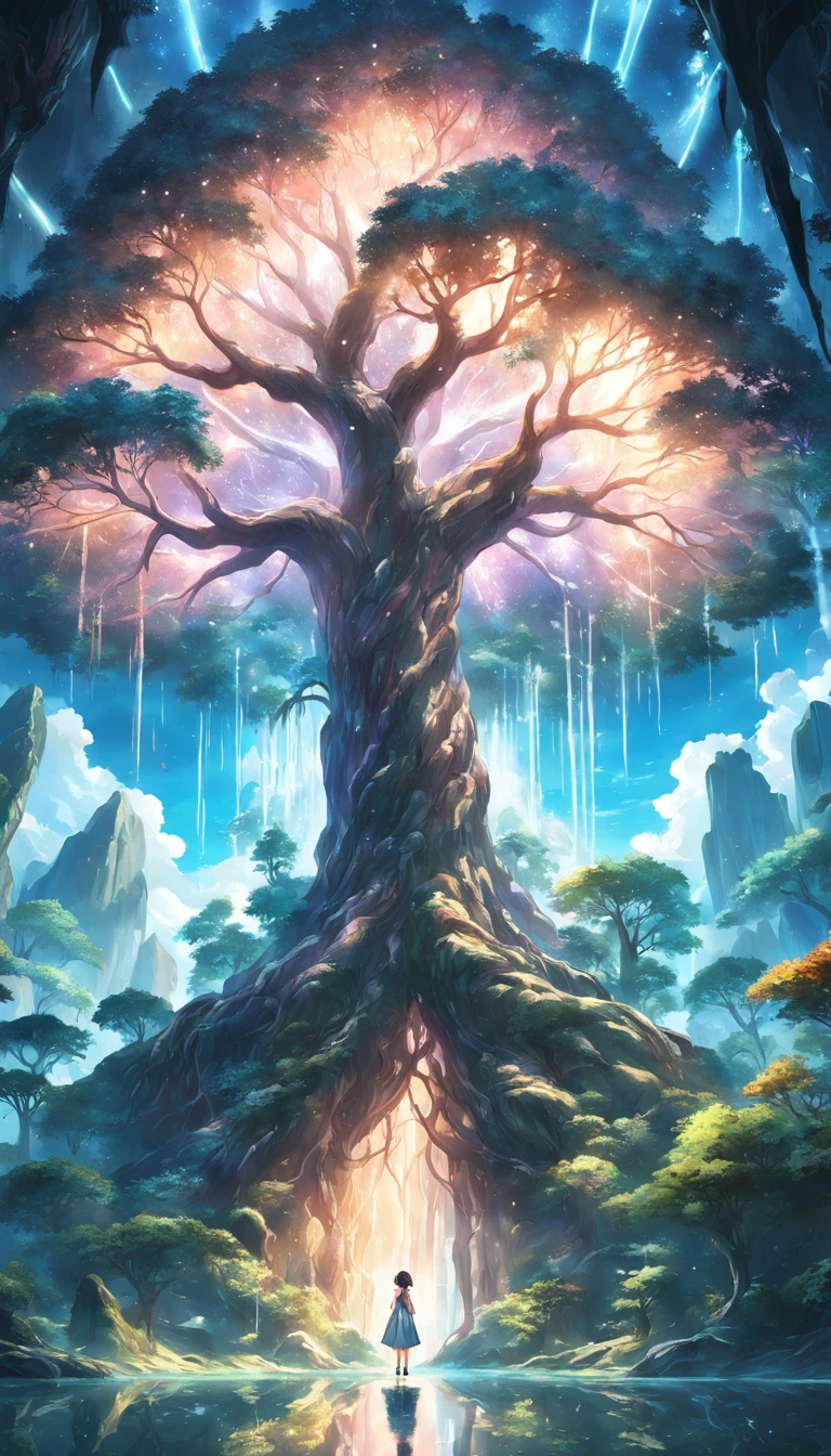 Illustration of a hyperrealistic , otherworldly, ultrasky scene featuring a giant crystal tree full body,very detailed and magical lighting, intricate forest details, vegetation and river around, solarpunk ,landscape, giant tree, beatifull leafy with beautiful lighting and realistic proportions, as if it were a cinematic background, 8k, highest quality, masterpiece, clouds and stars in the sky.