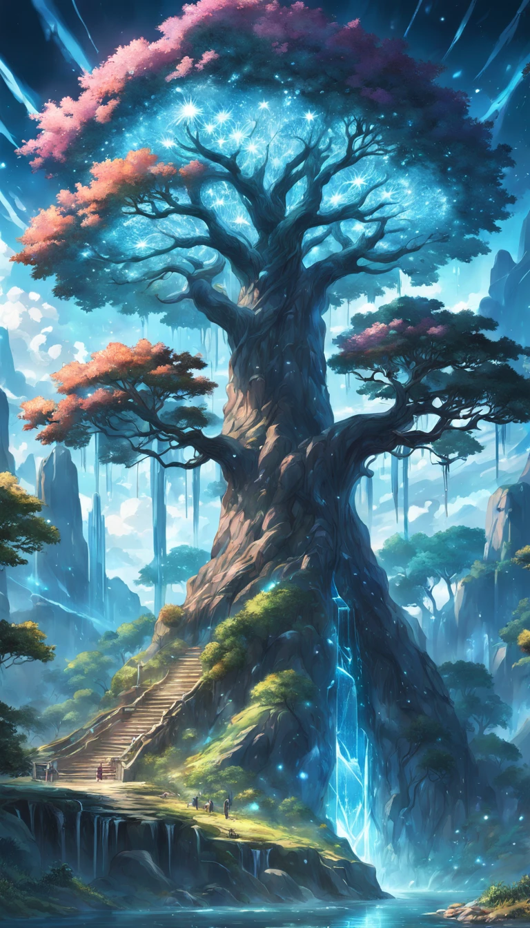 Illustration of a hyperrealistic , otherworldly, ultrasky scene featuring a giant crystal tree full body,very detailed and magical lighting, intricate forest details, vegetation and river around, solarpunk ,landscape, giant tree, beatifull leafy with beautiful lighting and realistic proportions, as if it were a cinematic background, 8k, highest quality, masterpiece, clouds and stars in the sky.