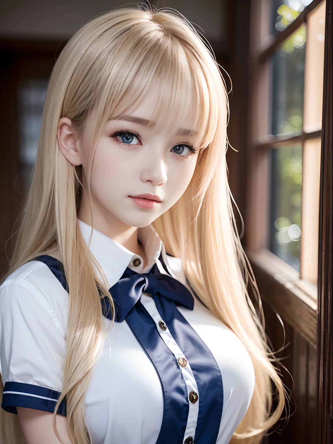 portlate、School Uniforms、bright expression、Young shiny shiny white shiny skin、Best Looks、Blonde reflected light、Platinum blonde hair with dazzling highlights、shiny light hair,、Super long silky straight hair、Beautiful bangs that shine、Glowing crystal clear attractive big blue eyes、Very beautiful nice cute 16 year old girl、Lush bust、
